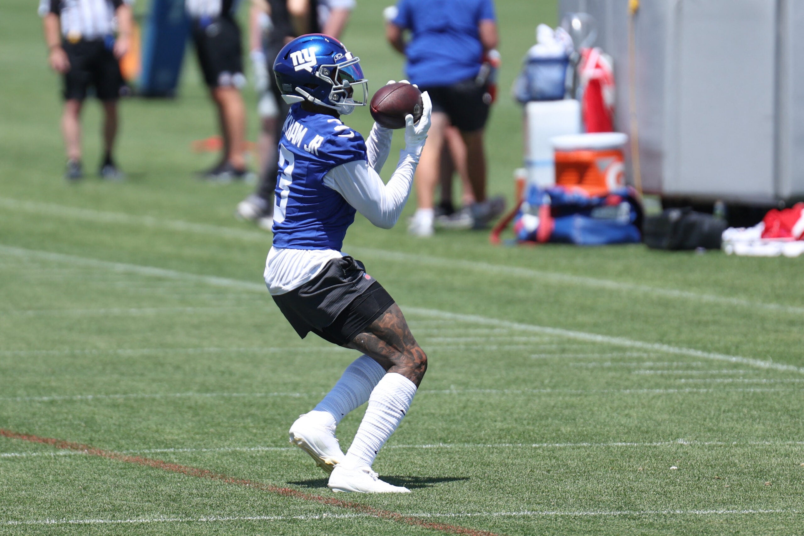 Jun 9, 2026; East Rutherford, NJ, USA; New York Giants wide receiver Odell Beckham Jr. (3) participates in drills during the minicamp activities at Quest Diagnostics Center.