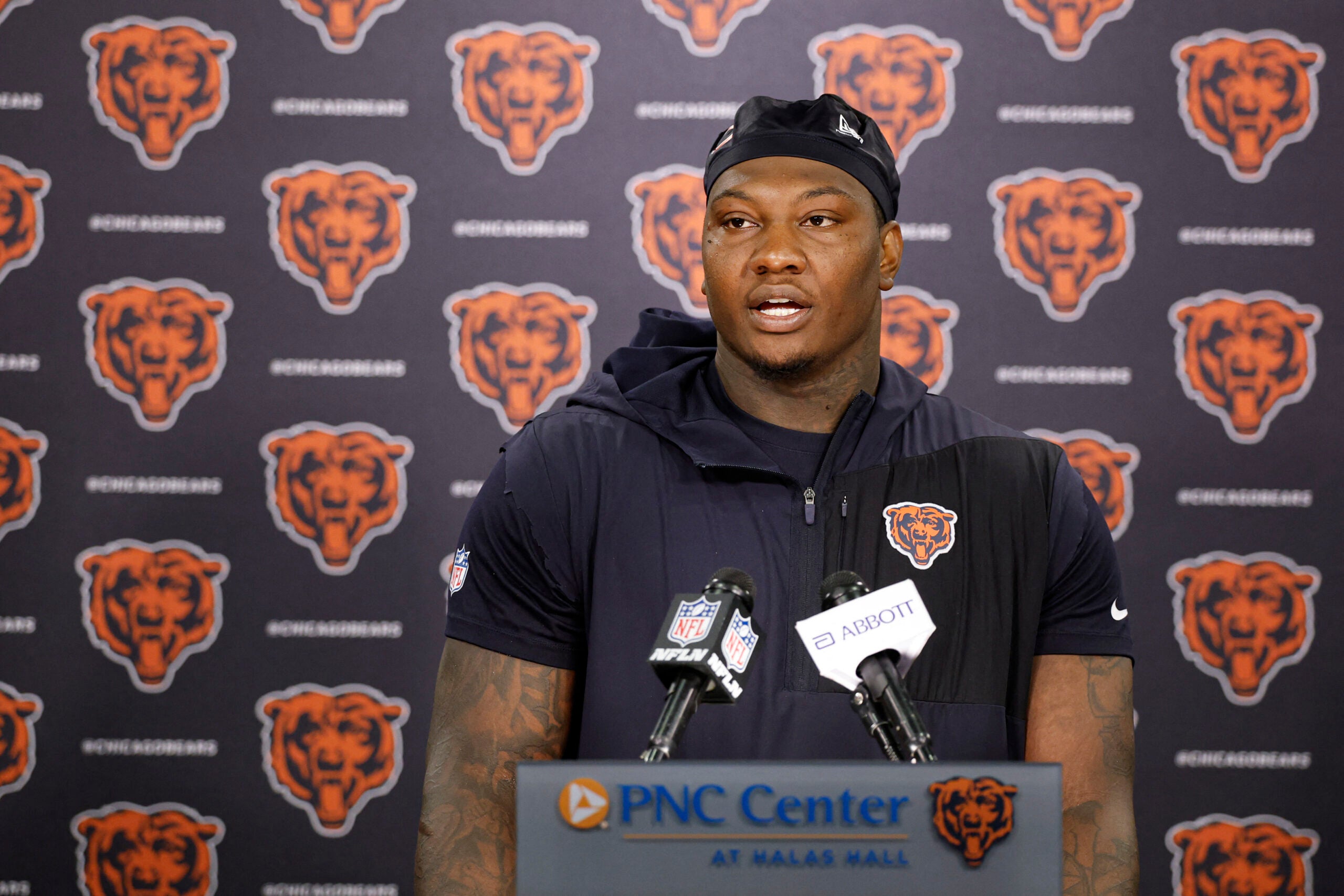 Jun 9, 2026; Lake Forest, IL, USA; Chicago Bears defensive lineman Gervon Dexter Sr. speaks during Minicamp at Halas Hall.