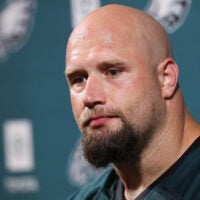 Jun 9, 2026; Philadelphia, PA, USA; Philadelphia Eagles offensive tackle Lane Johnson (65) speaks with the media at Jefferson Health Training Complex.
