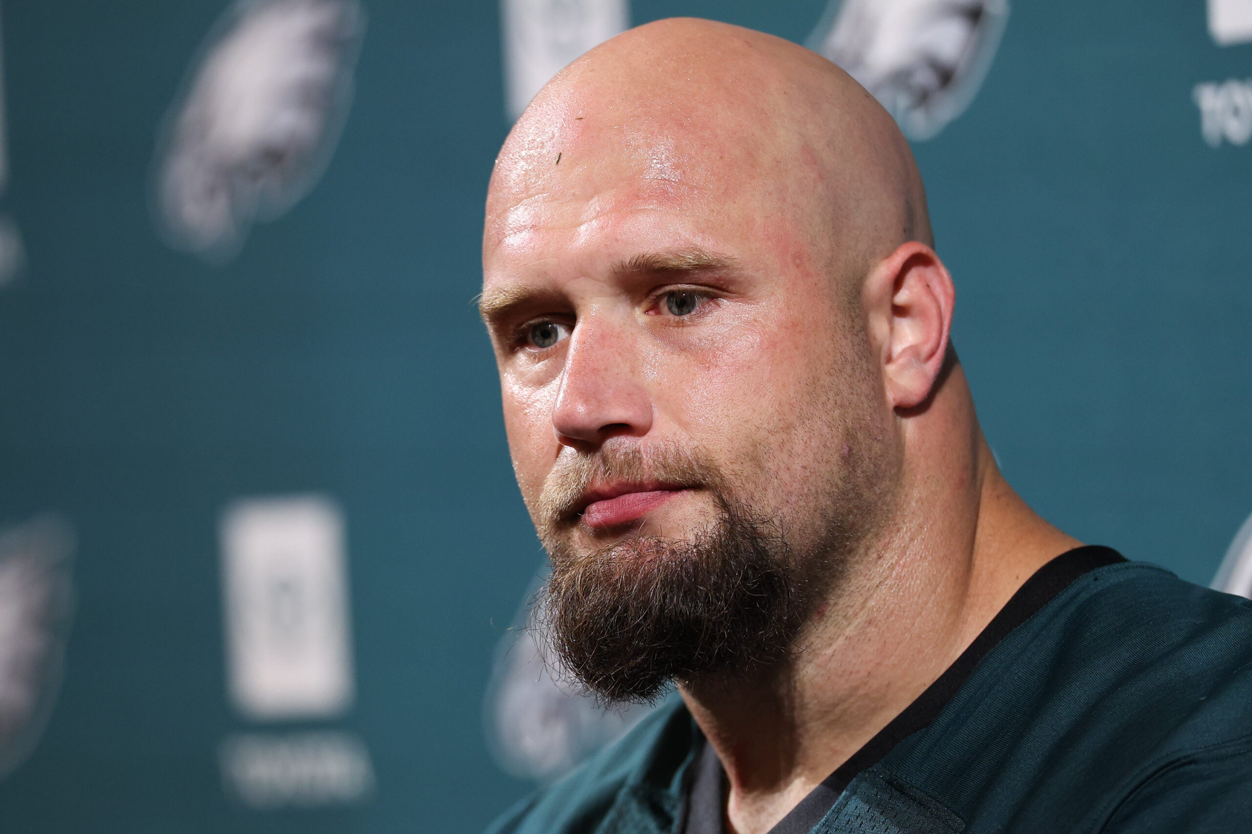 Jun 9, 2026; Philadelphia, PA, USA; Philadelphia Eagles offensive tackle Lane Johnson (65) speaks with the media at Jefferson Health Training Complex.