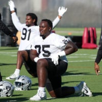 Jun 9, 2026; Henderson, NV, USA; Las Vegas Raiders defensive tackle Gary Smith III (75) stretches during minicamp at Intermountain Health Performance Center.
