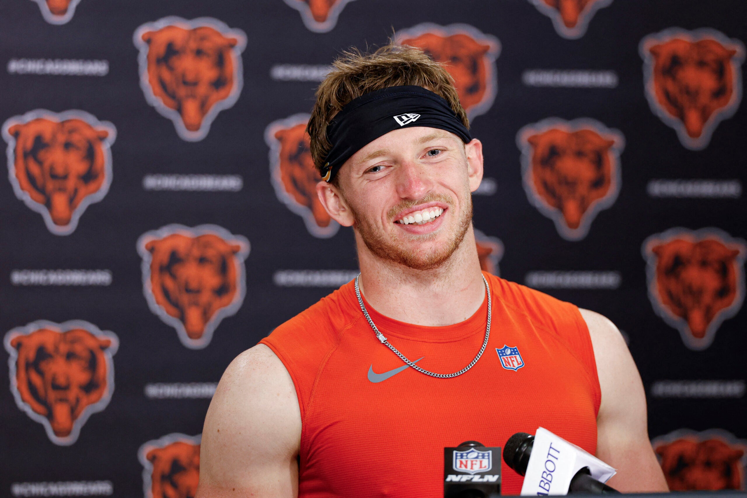 Jun 11, 2026; Lake Forest, IL, USA; Chicago Bears defensive back Dillon Thieneman (31) speaks during Minicamp at Halas Hall.