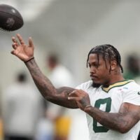 Green Bay Packers Josh Jacobs (8) participates in mandatory minicamp Thursday, June 11, 2026, at the Don Hutson Center in Green Bay, Wisconsin.