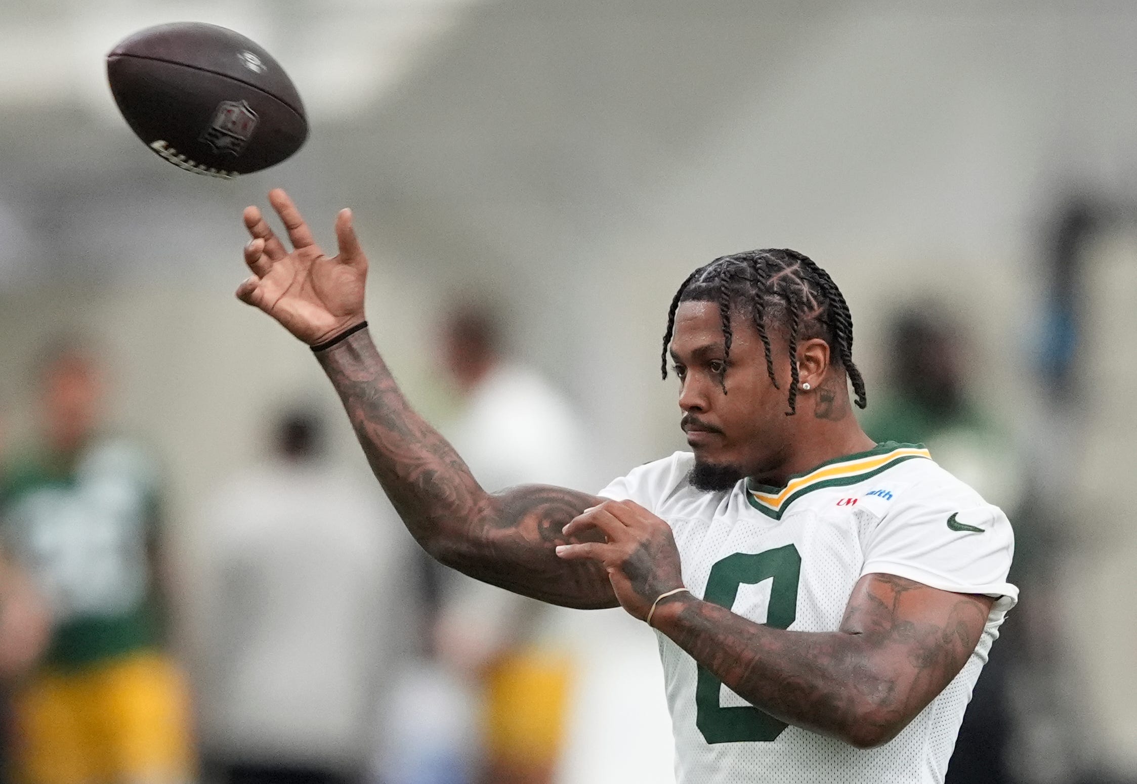 Green Bay Packers Josh Jacobs (8) participates in mandatory minicamp Thursday, June 11, 2026, at the Don Hutson Center in Green Bay, Wisconsin.