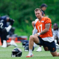 Jun 11, 2026; Lake Forest, IL, USA; Chicago Bears quarterback Tyson Bagent (17) stretches during Minicamp at Halas Hall.