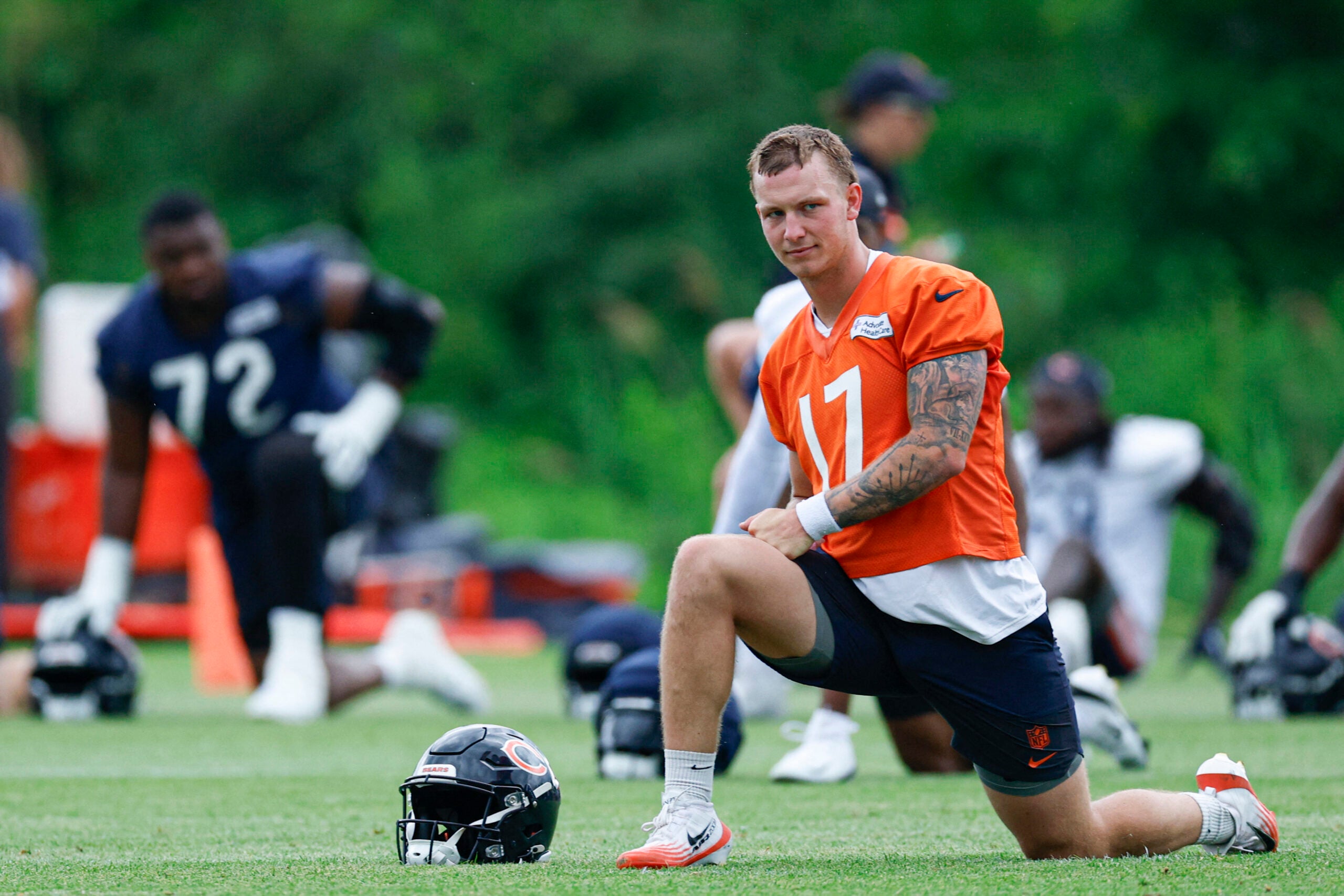 Jun 11, 2026; Lake Forest, IL, USA; Chicago Bears quarterback Tyson Bagent (17) stretches during Minicamp at Halas Hall.