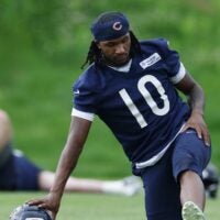 Jun 11, 2026; Lake Forest, IL, USA; Chicago Bears wide receiver Luther Burden III (10) stretches during Minicamp at Halas Hall.