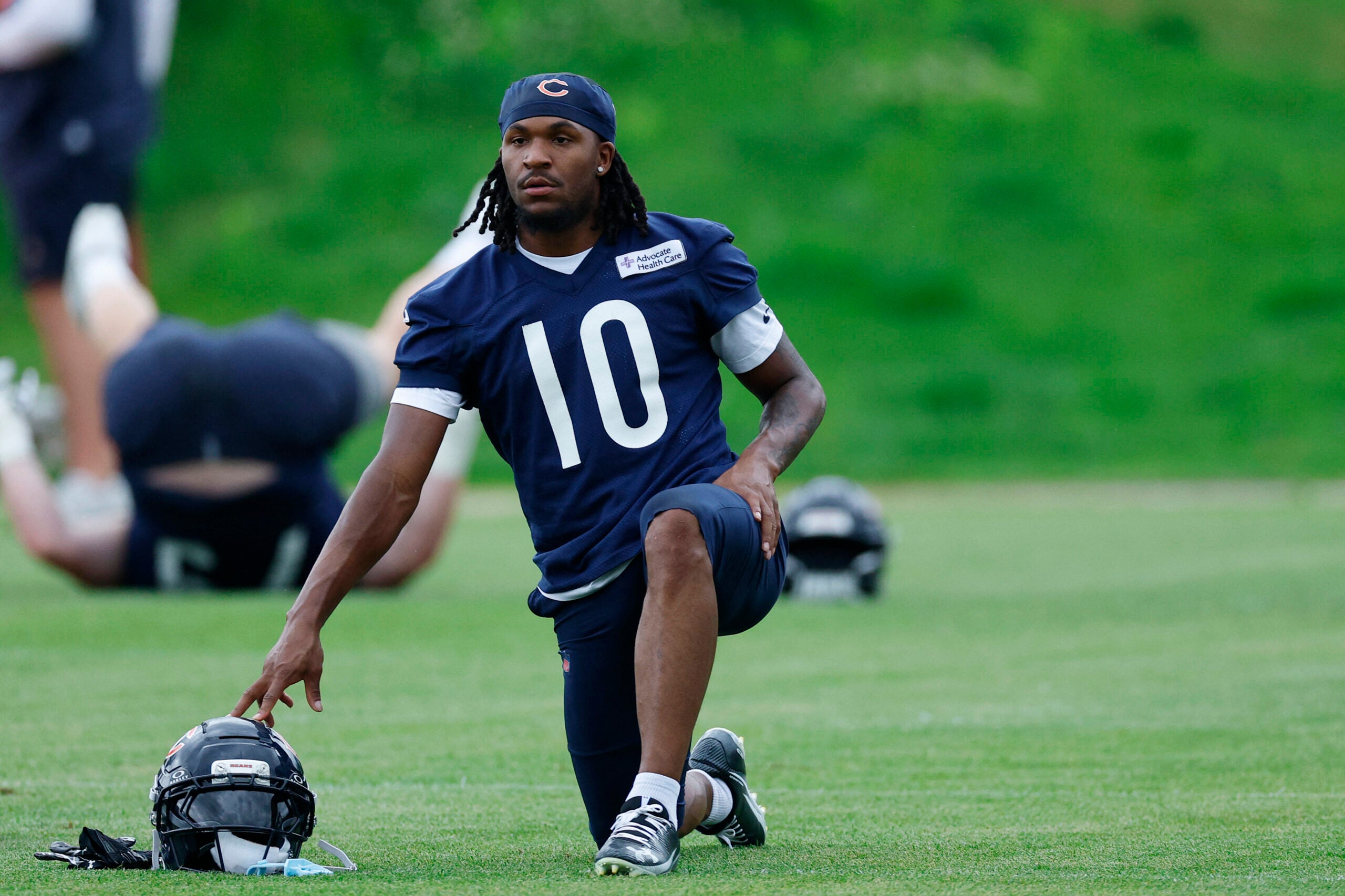 Jun 11, 2026; Lake Forest, IL, USA; Chicago Bears wide receiver Luther Burden III (10) stretches during Minicamp at Halas Hall.
