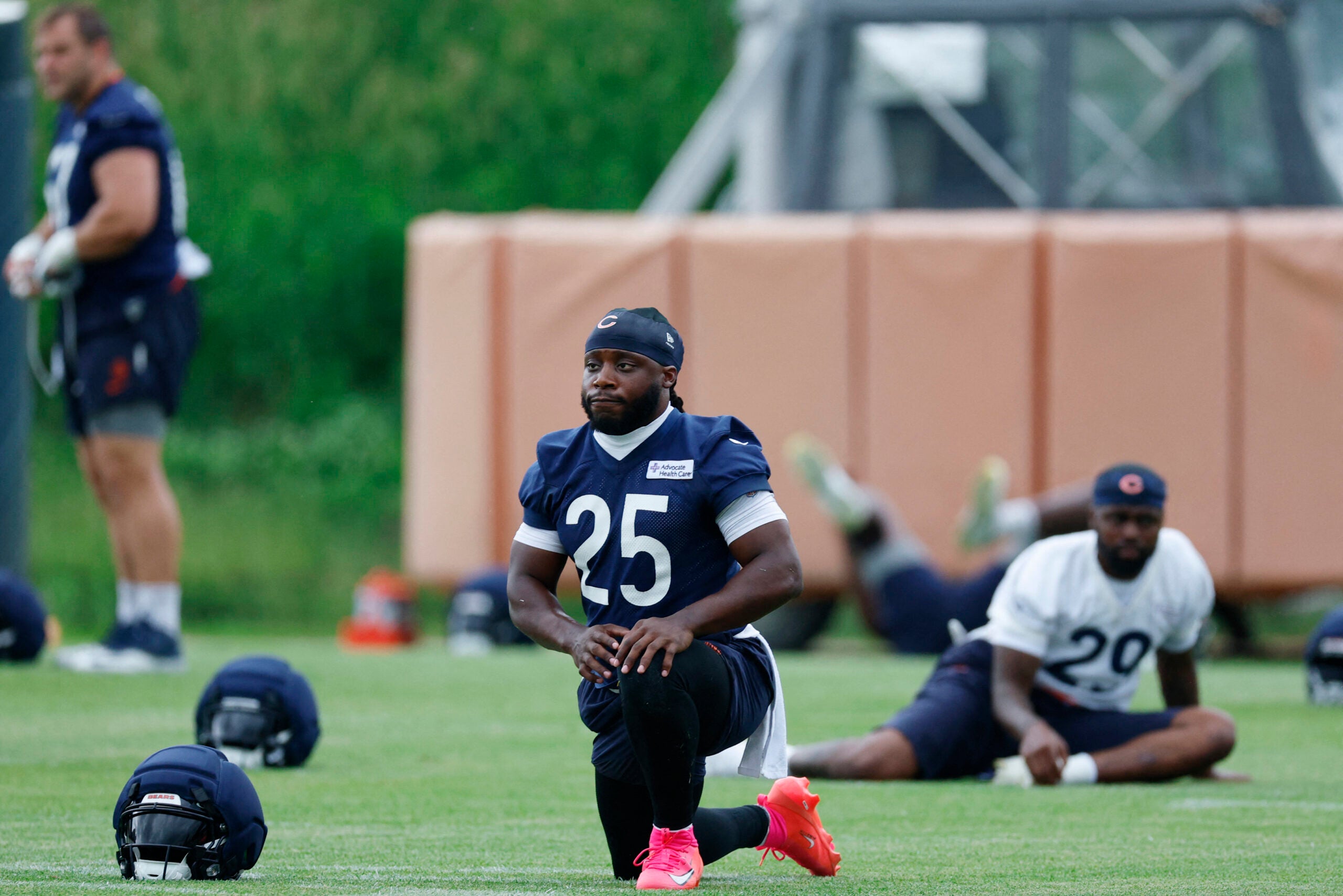 Jun 11, 2026; Lake Forest, IL, USA; Chicago Bears running back Kyle Monangai (25) stretches during Minicamp at Halas Hall.