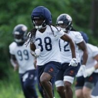 Jun 11, 2026; Lake Forest, IL, USA; Chicago Bears defensive back Skyler Thomas (38) runs on the field during Minicamp at Halas Hall.