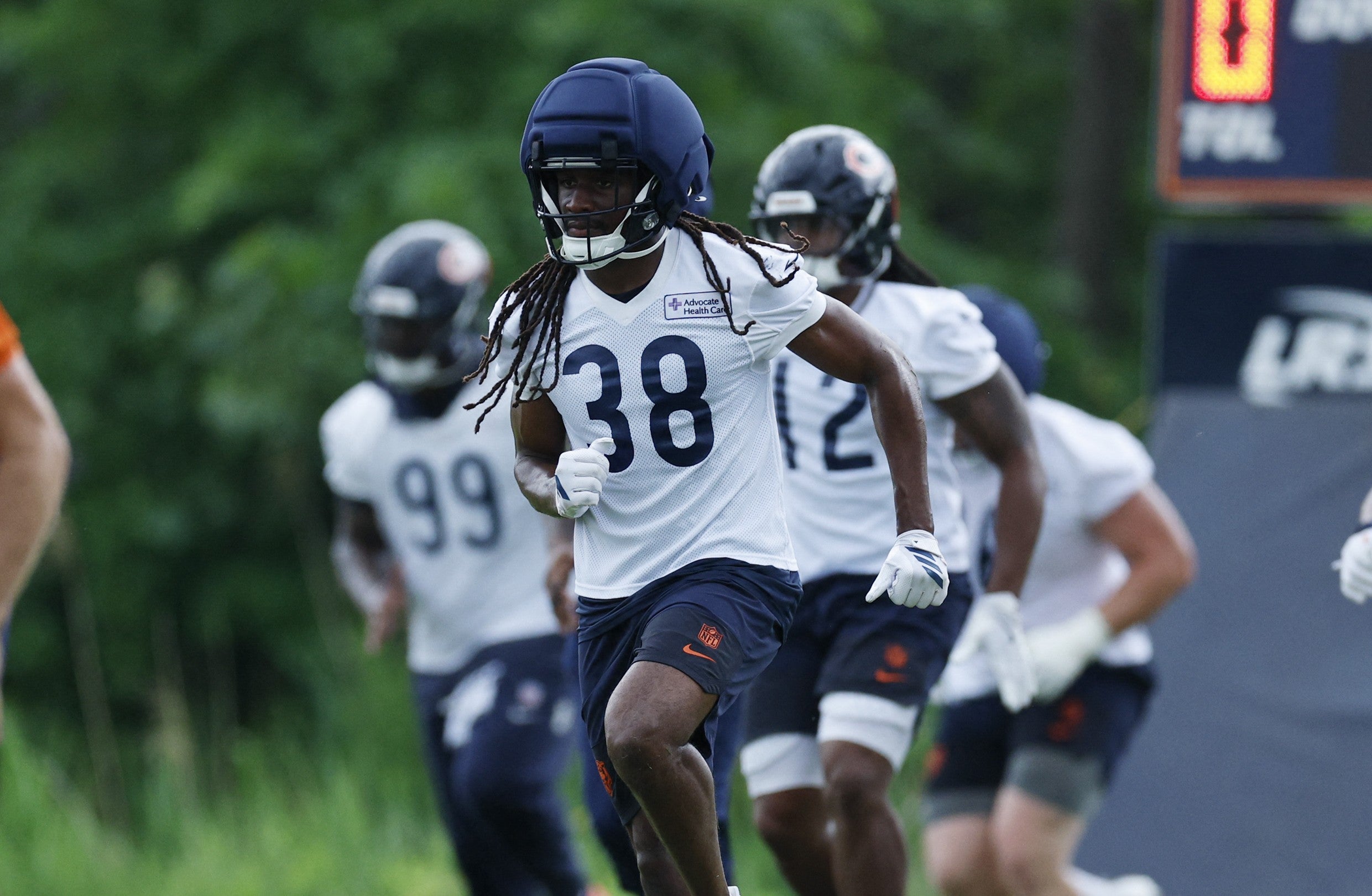 Jun 11, 2026; Lake Forest, IL, USA; Chicago Bears defensive back Skyler Thomas (38) runs on the field during Minicamp at Halas Hall.