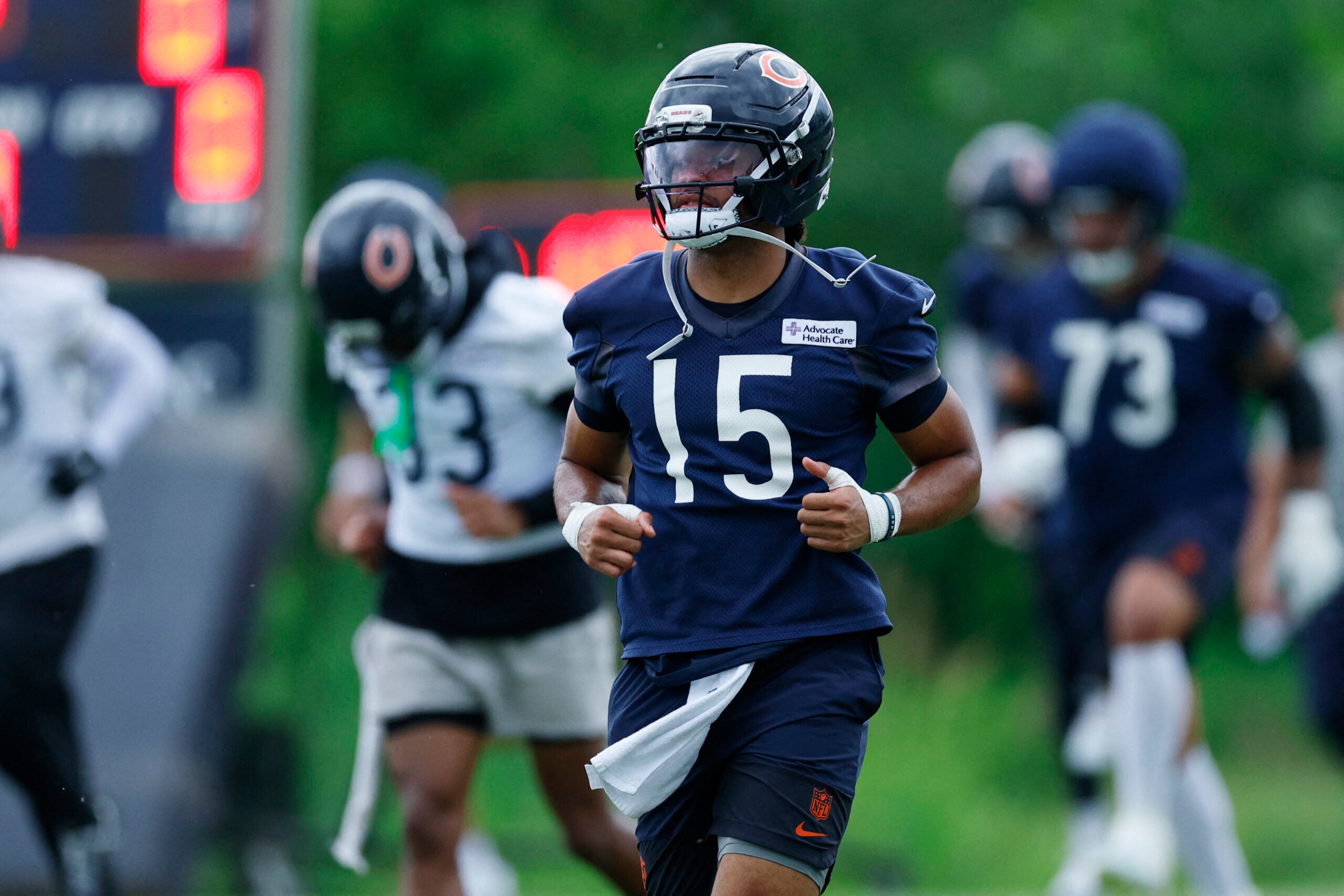 Jun 11, 2026; Lake Forest, IL, USA; Chicago Bears wide receiver Rome Odunze (15) run on the field during Minicamp at Halas Hall.