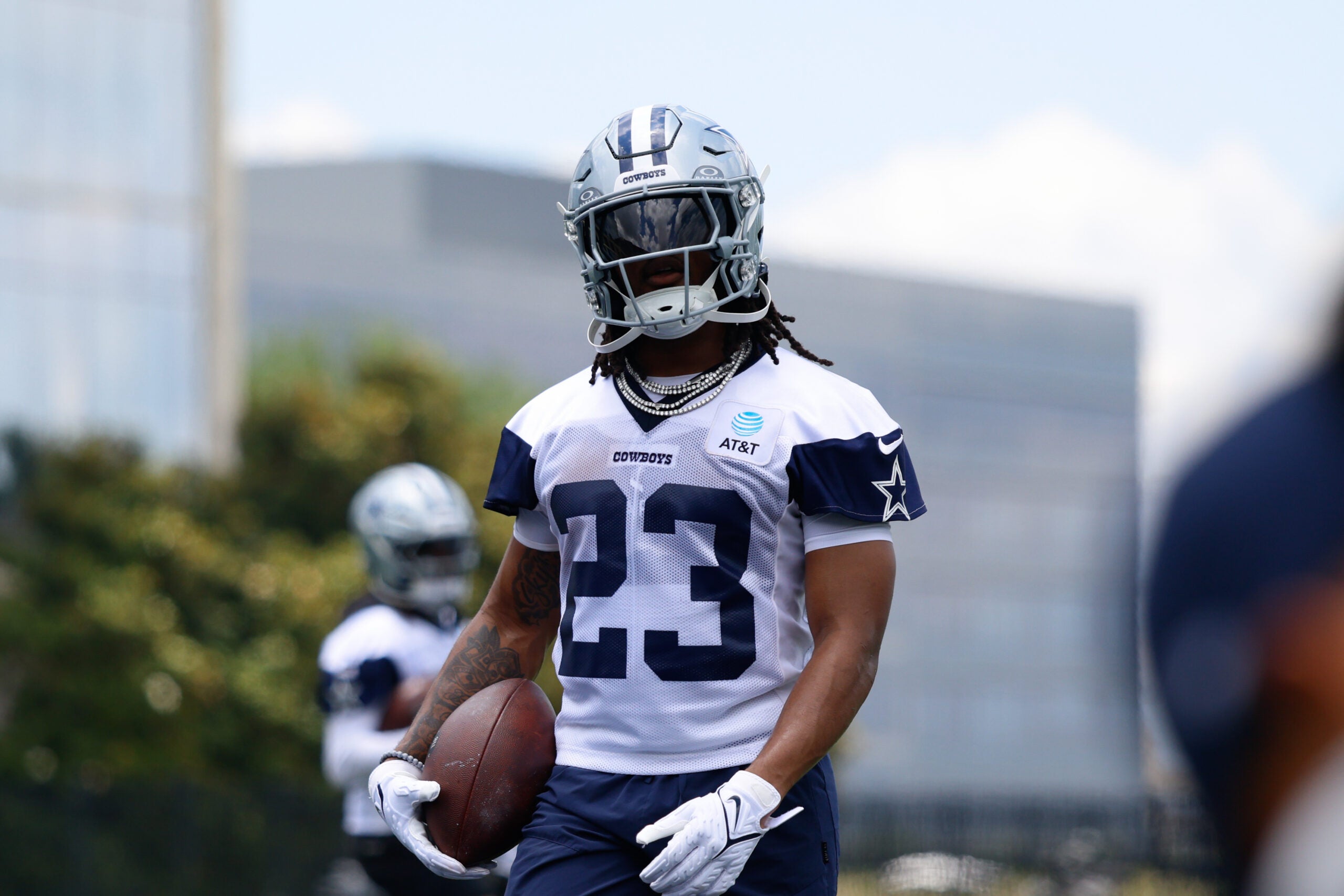Jun 16, 2026; Dallas, TX, USA; Dallas Cowboys running back Jaydon Blue (23) goes through a drill during practice at the Ford Center at the Star Training Facility in Frisco, Texas.