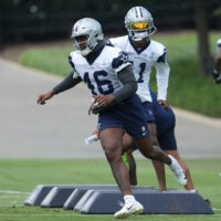 Jun 16, 2026; Dallas, TX, USA; Dallas Cowboys tight end Michael Trigg (46) goes through a drill during practice at the Ford Center at the Star Training Facility in Frisco, Texas.