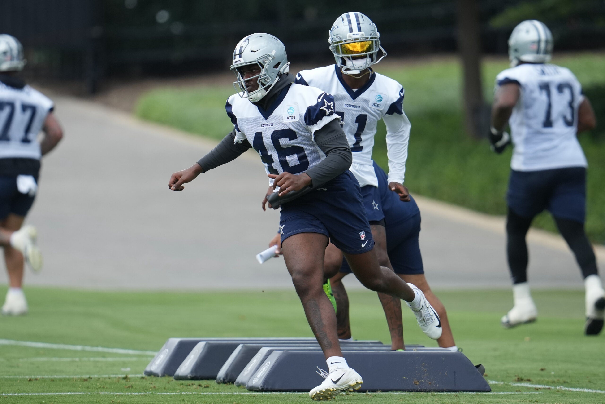 Jun 16, 2026; Dallas, TX, USA; Dallas Cowboys tight end Michael Trigg (46) goes through a drill during practice at the Ford Center at the Star Training Facility in Frisco, Texas.