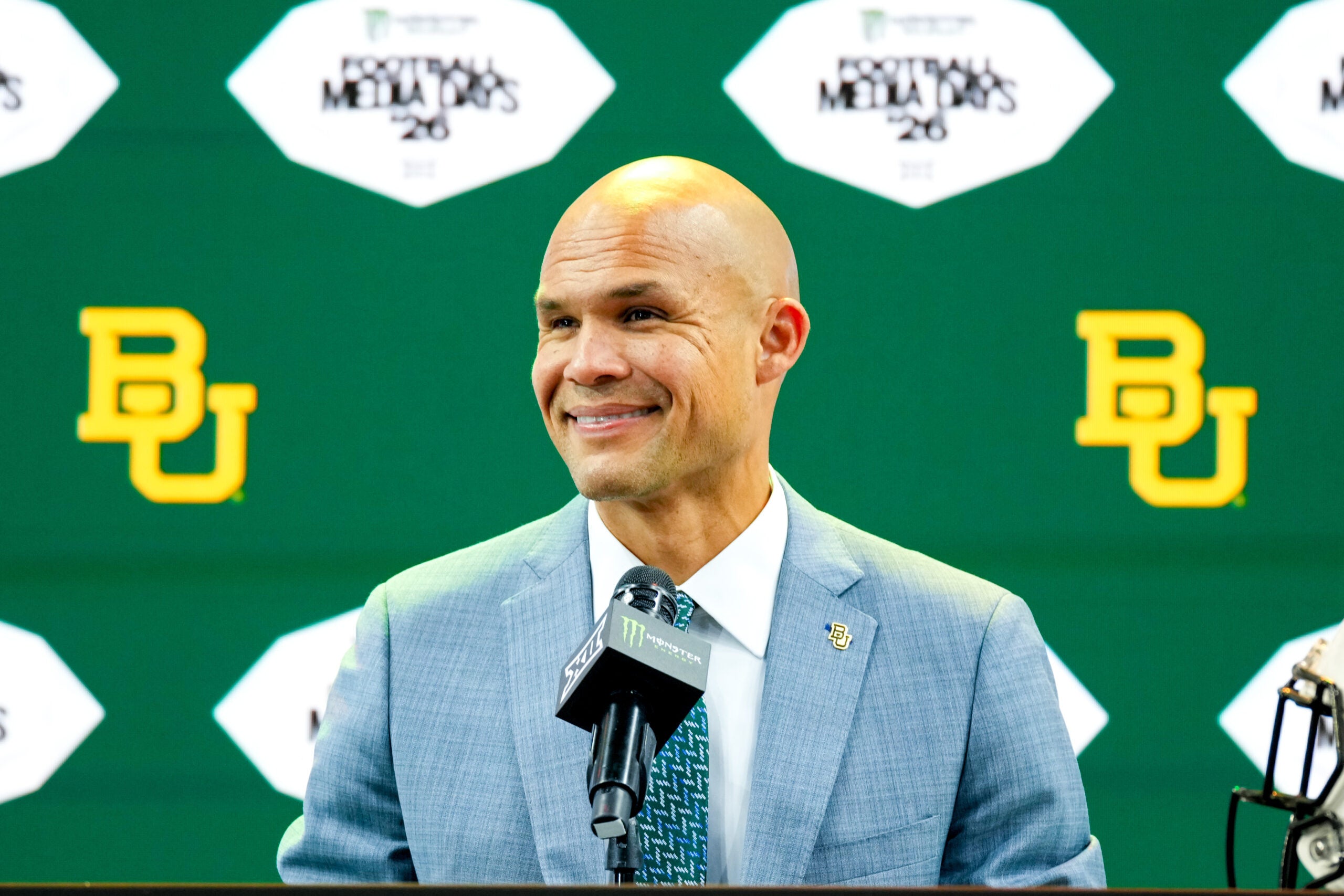 Jul 7, 2026; Frisco, TX, USA; Baylor head coach Dave Aranda speaks to reporters during Big 12 Conference Football Media Days at The Star.