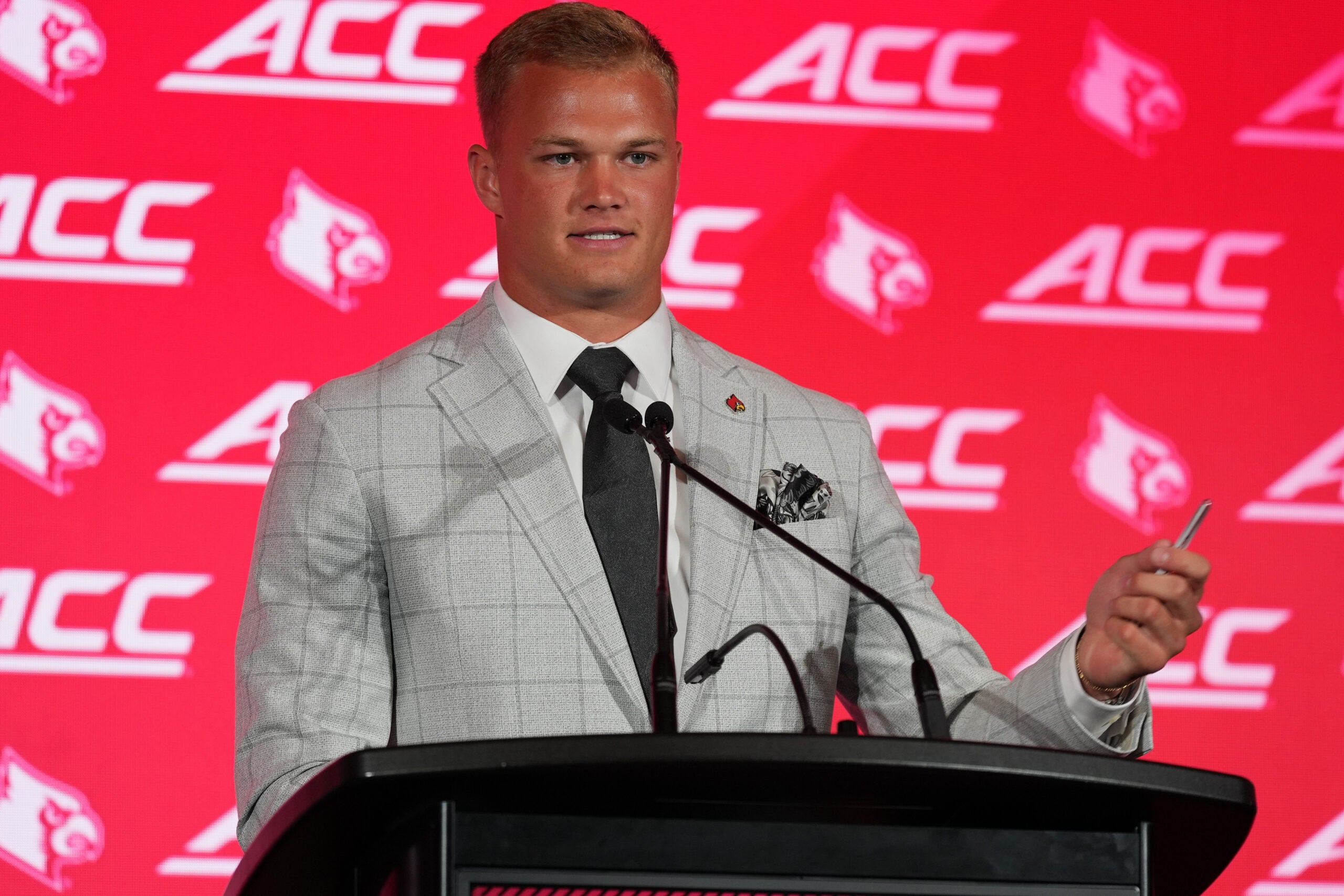Jul 16, 2026; Charlotte, NC, USA; Louisville quarterback Lincoln Kienholz, Jr. speaks to the media during Media Day at Hilton Charlotte Uptown.