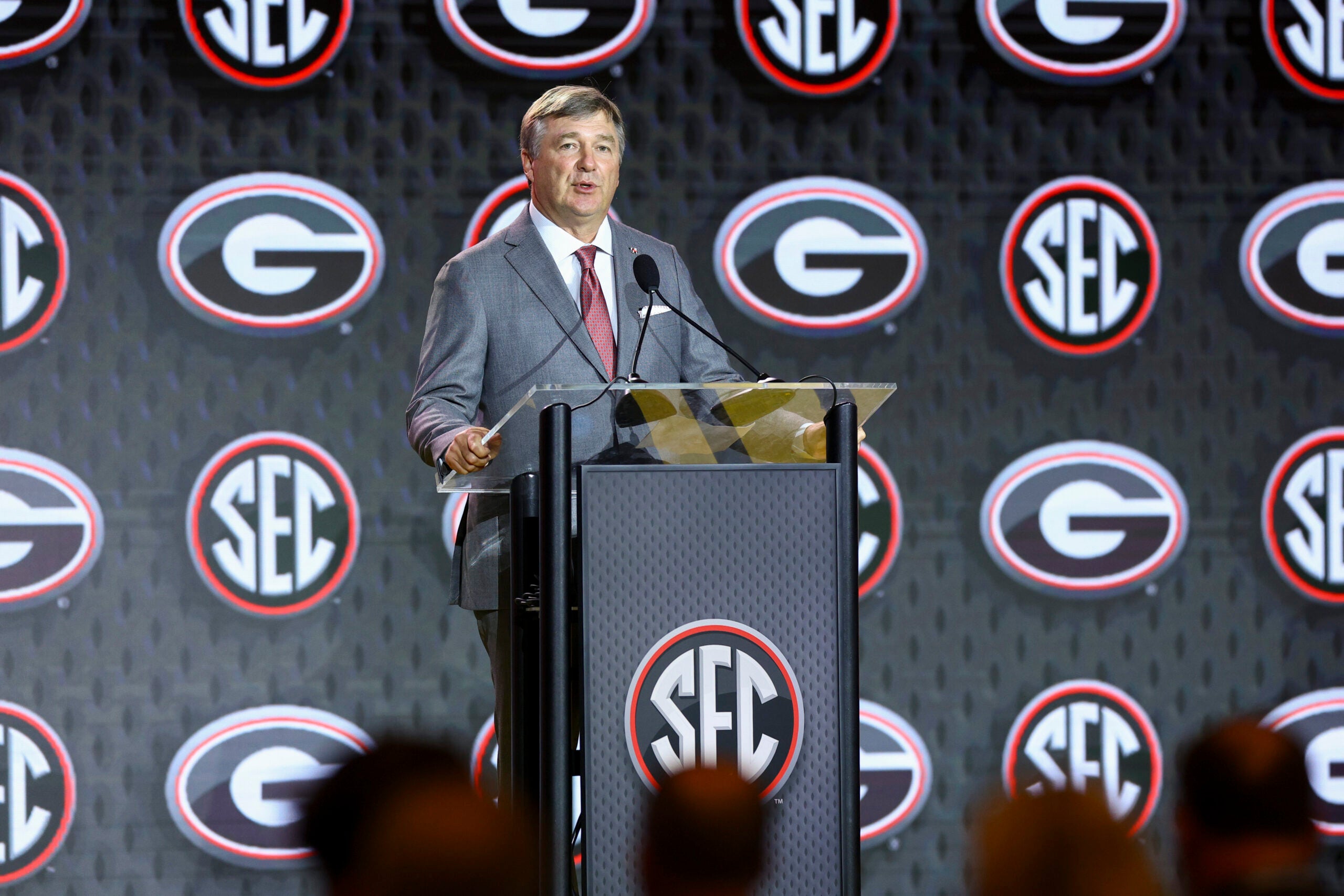 Jul 21, 2026; Tampa, FL, USA; Georgia Bulldogs head coach Kirby Smart speaks to the press during SEC Football Kickoff Media Day at the Tampa Marriott.