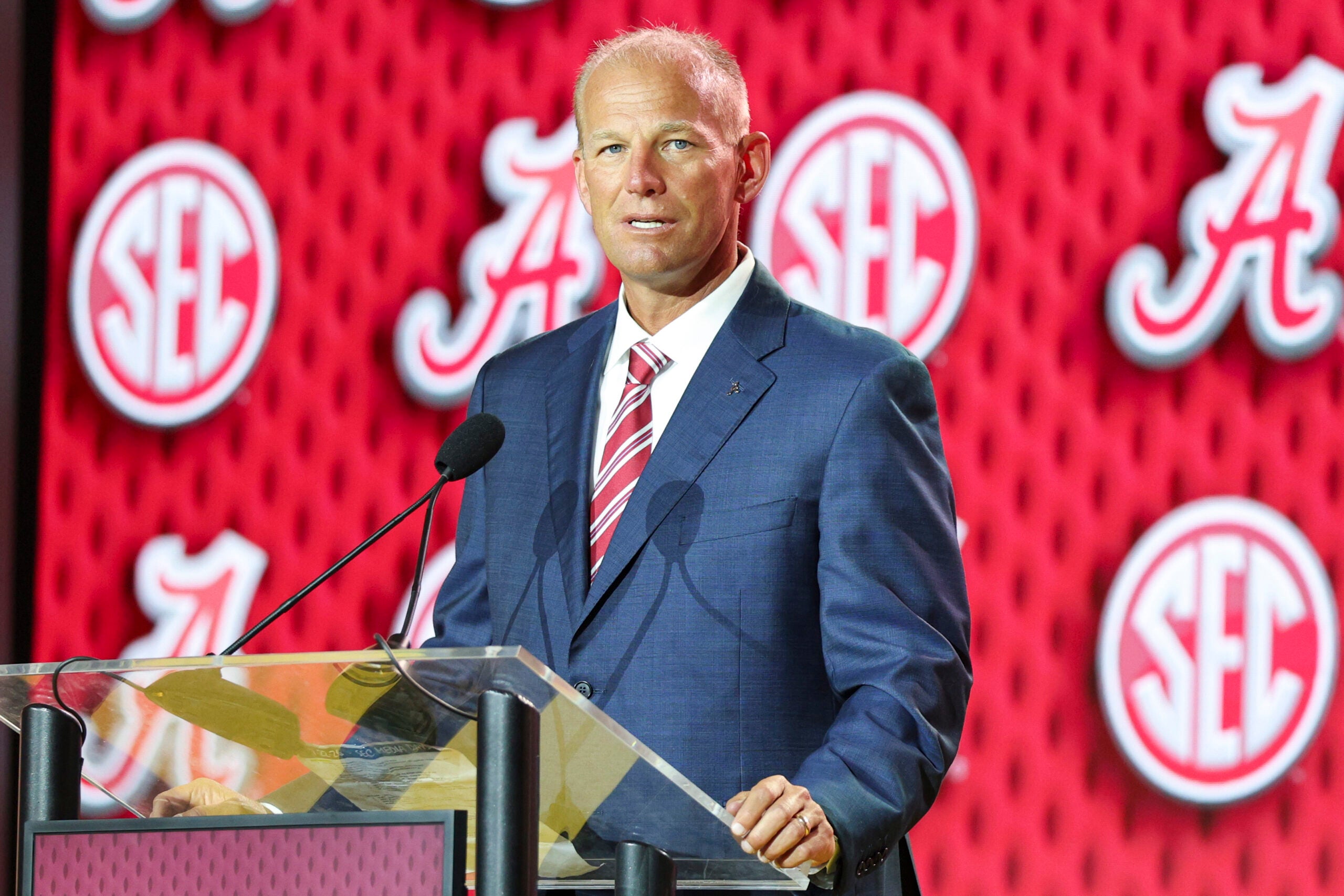 Jul 22, 2026; Tampa, FL, USA; Alabama Crimson Tide head coach Kalen Deboer speaks to the press during SEC Football Kickoff Media Day at the Tampa Marriott.