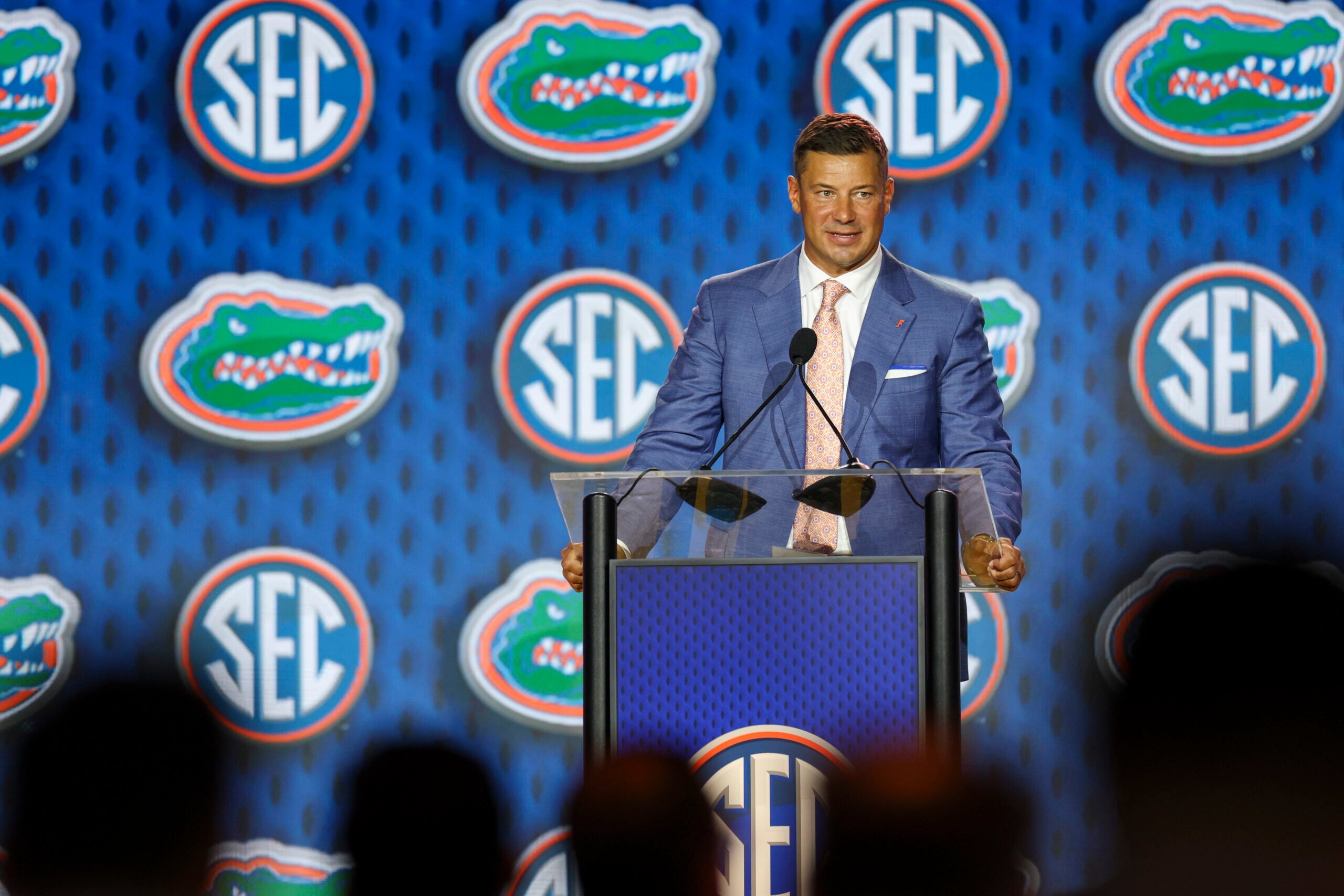 Jul 22, 2026; Tampa, FL, USA; Florida Gators head coach Jon Sumrall speaks to the press during SEC Football Kickoff Media Day at the Tampa Marriott.