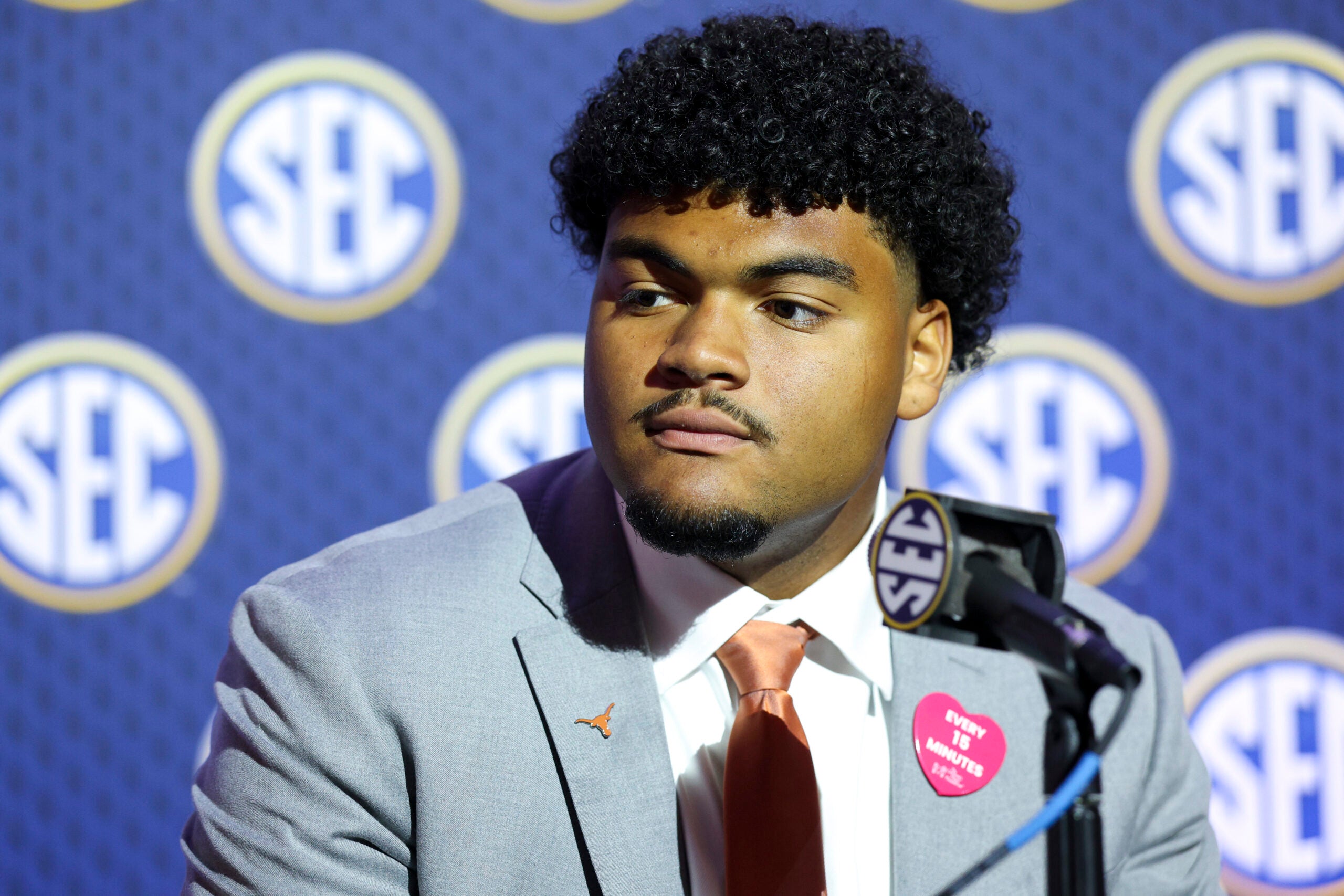 Jul 23, 2026; Tampa, FL, USA; Texas Longhorns offensive lineman Trevor Goosby (74) speaks to the press during SEC Football Kickoff Media Day at the Tampa Marriott.