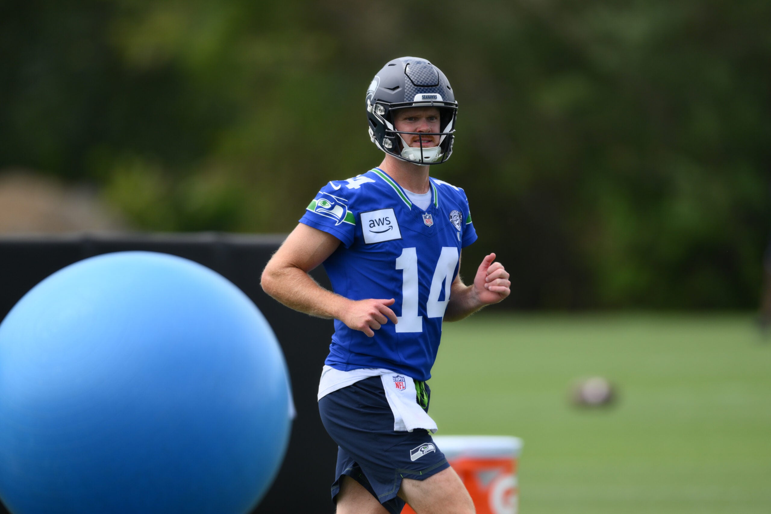 Jul 25, 2026; Renton, WA, USA; Seattle Seahawks quarterback Sam Darnold (14) during training camp at Virginia Mason Athletic Center.