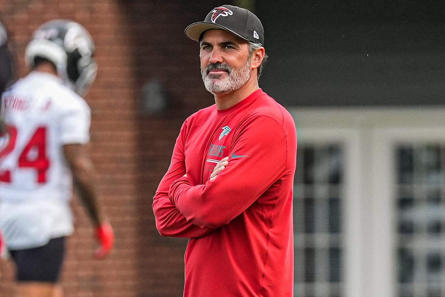 Jul 29, 2026; Atlanta, Falcons, USA; Atlanta Falcons head coach Kevin Stefanski on the field during the first day of training camp at IBM Performance Field.