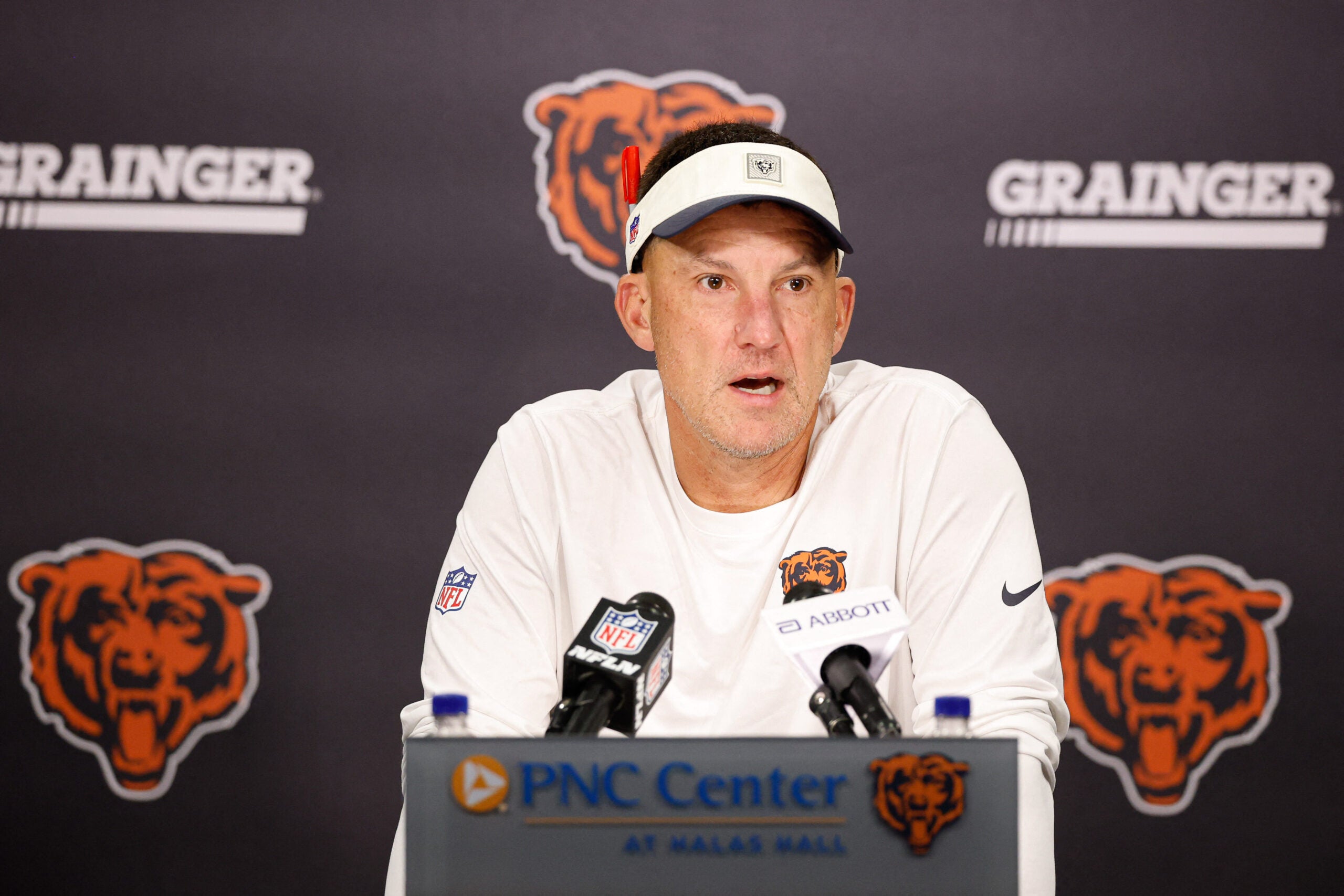 Jul 29, 2026; Lake Forest, IL, USA; Chicago Bears defensive coordinator Dennis Allen speaks during Chicago Bears Training Camp at Halas Hall.