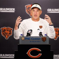 Jul 29, 2026; Lake Forest, IL, USA; Chicago Bears defensive coordinator Dennis Allen speaks during Chicago Bears Training Camp at Halas Hall.