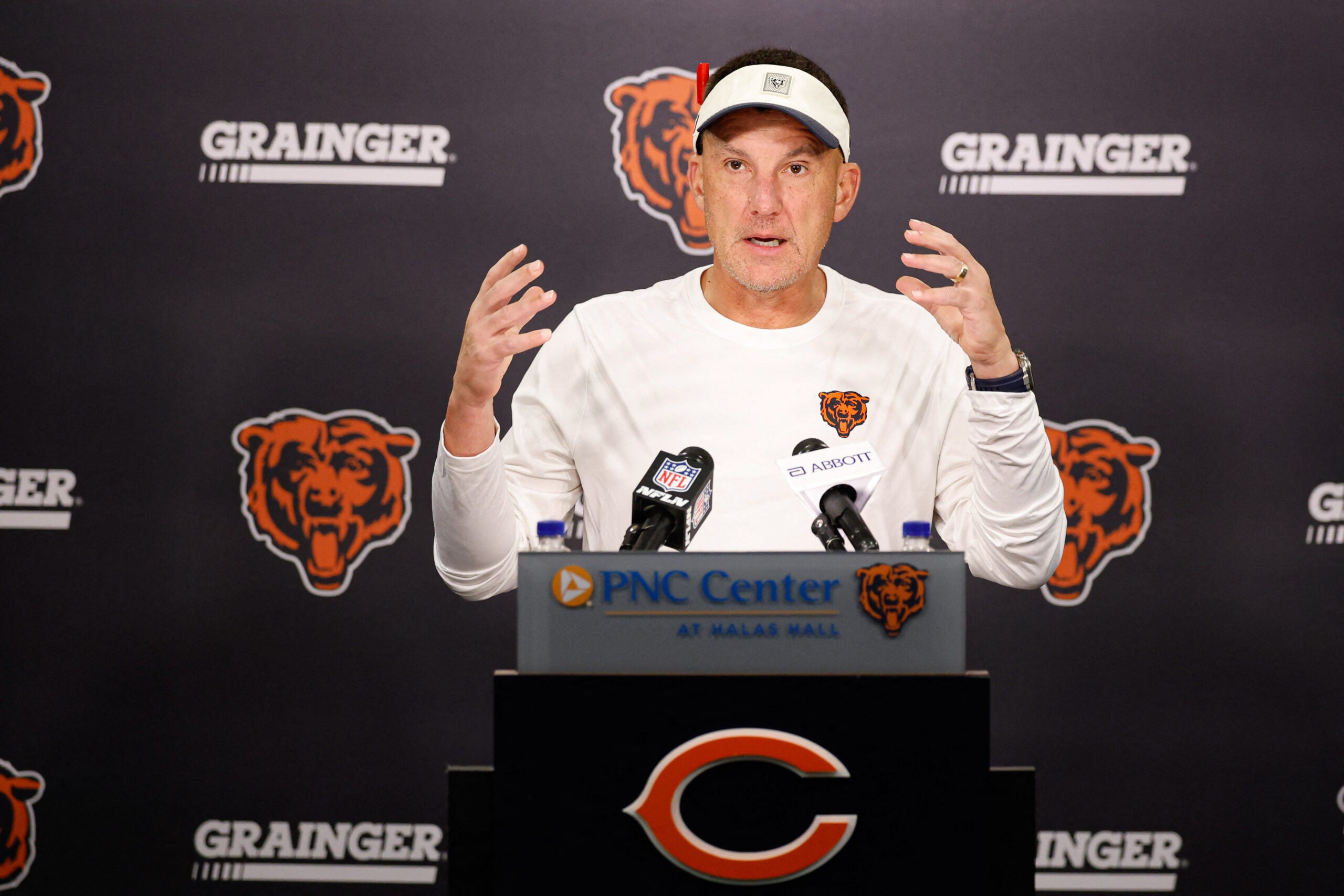 Jul 29, 2026; Lake Forest, IL, USA; Chicago Bears defensive coordinator Dennis Allen speaks during Chicago Bears Training Camp at Halas Hall.