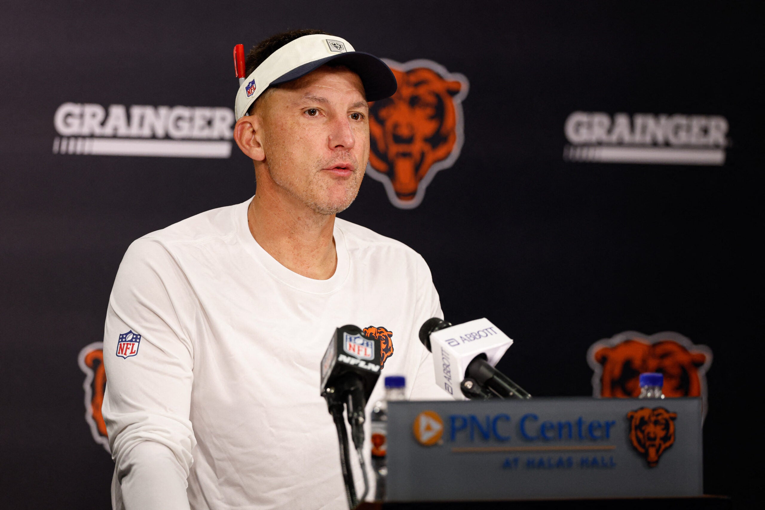 Jul 29, 2026; Lake Forest, IL, USA; Chicago Bears defensive coordinator Dennis Allen speaks during Chicago Bears Training Camp at Halas Hall.