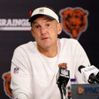Jul 29, 2026; Lake Forest, IL, USA; Chicago Bears defensive coordinator Dennis Allen speaks during Chicago Bears Training Camp at Halas Hall.