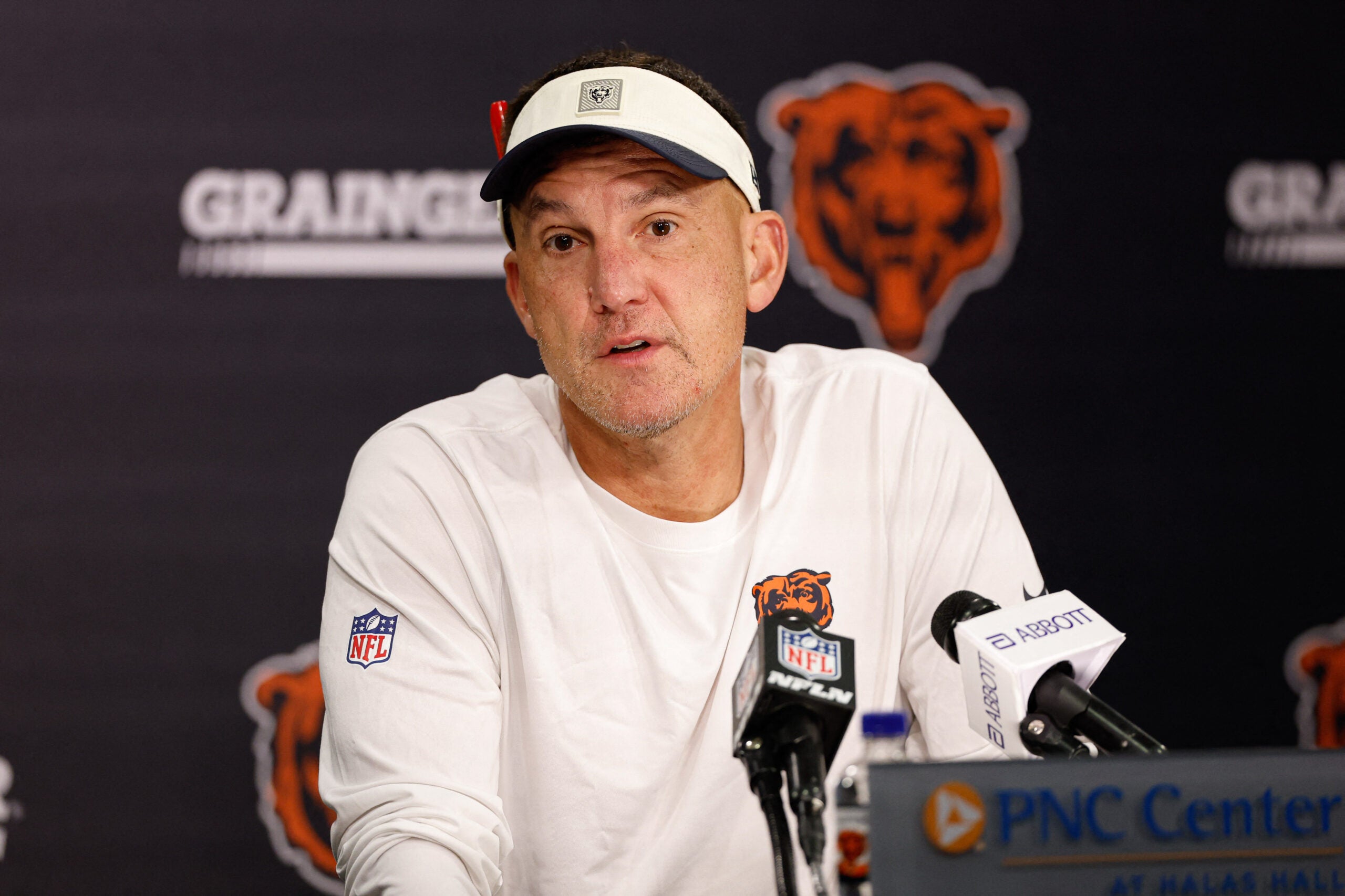Jul 29, 2026; Lake Forest, IL, USA; Chicago Bears defensive coordinator Dennis Allen speaks during Chicago Bears Training Camp at Halas Hall.