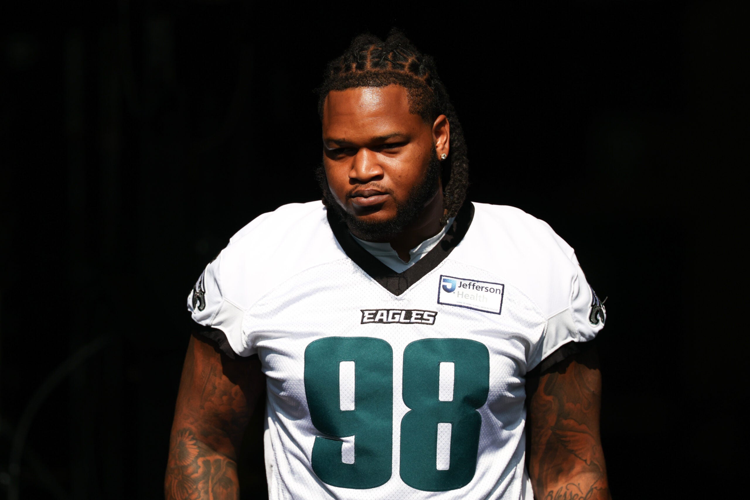 Jul 29, 2026; Philadelphia, PA, USA; Philadelphia Eagles defensive tackle Jalen Carter (98) takes the field for training camp at Jefferson Health Training Complex.
