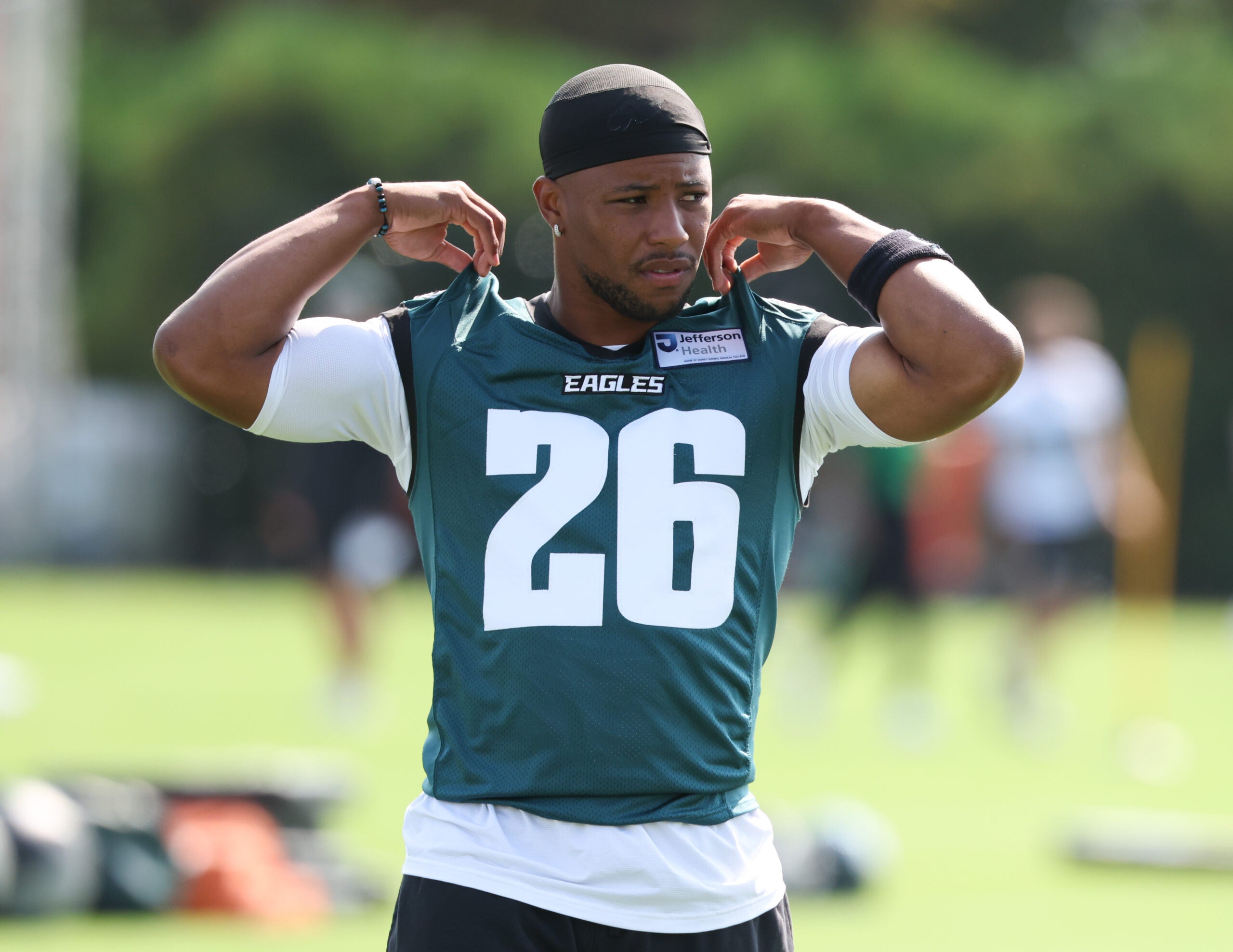 Jul 29, 2026; Philadelphia, PA, USA; Philadelphia Eagles running back Saquon Barkley (26) during training camp at Jefferson Health Training Complex.
