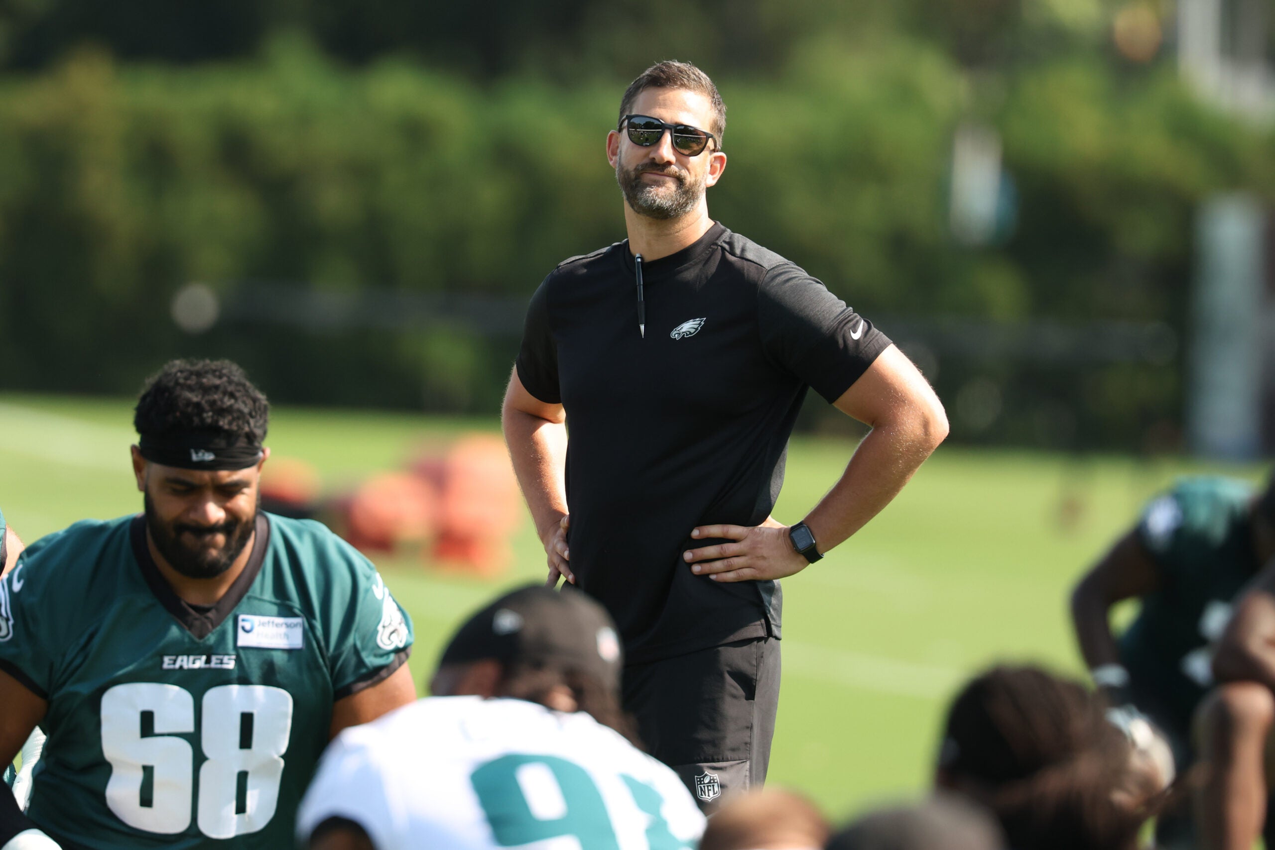 Jul 29, 2026; Philadelphia, PA, USA; Philadelphia Eagles head coach Nick Sirianni looks on during training camp at Jefferson Health Training Complex.