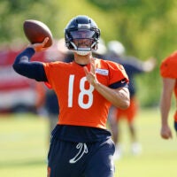 Jul 29, 2026; Lake Forest, IL, USA; Chicago Bears quarterback Caleb Williams (18) passes the ball during Training Camp at Halas Hall.