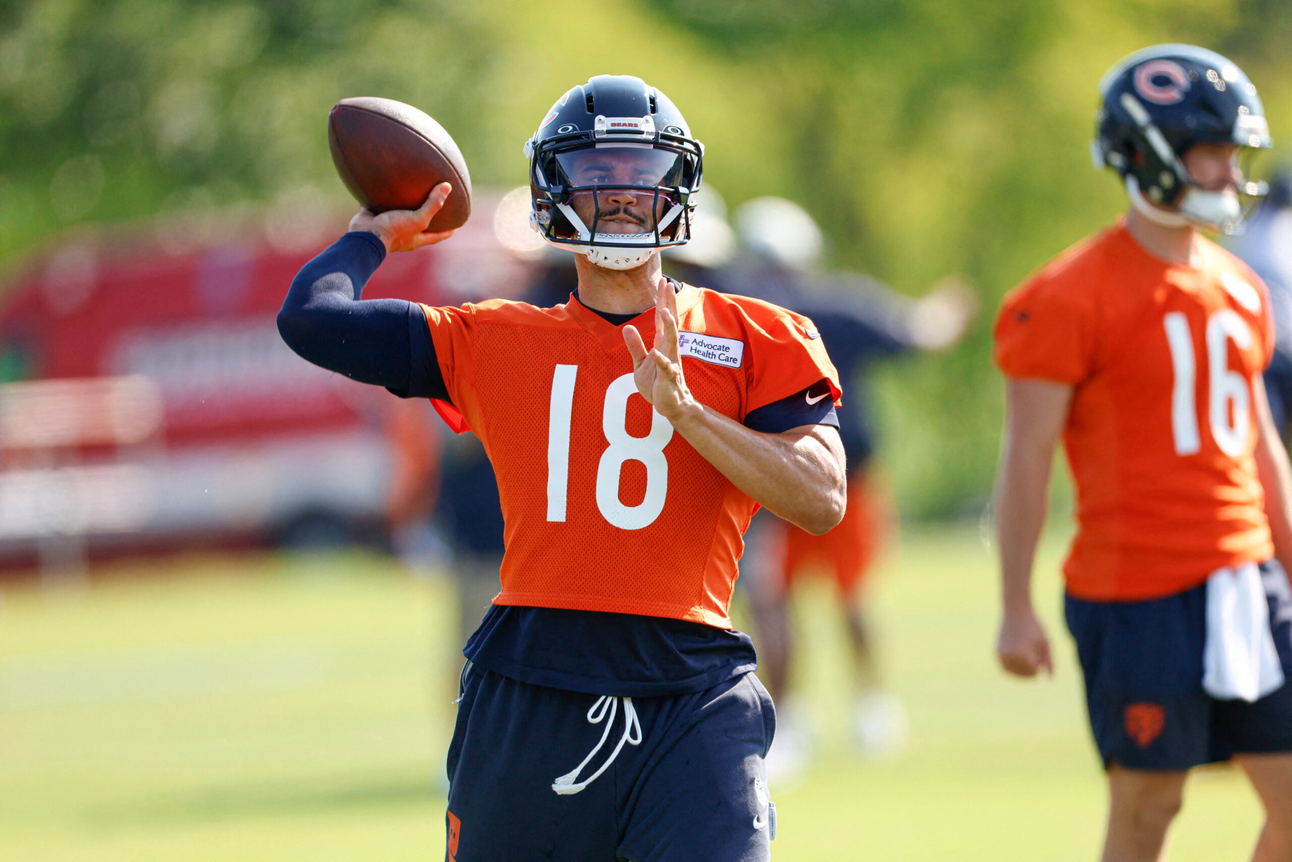 Jul 29, 2026; Lake Forest, IL, USA; Chicago Bears quarterback Caleb Williams (18) passes the ball during Training Camp at Halas Hall.