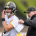 Jul 29, 2026; Latrobe, PA, USA; Pittsburgh Steelers head coach Mike McCarthy talks with quarterback Will Howard (18) during a practice session at Saint Vincent College.