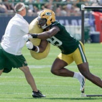 Green Bay Packers defensive end Barryn Sorrell (99) is shown during the first day of training camp Wednesday, July 29, 2026 in Green Bay, Wisconsin. It is the first of three consecutive public practices.