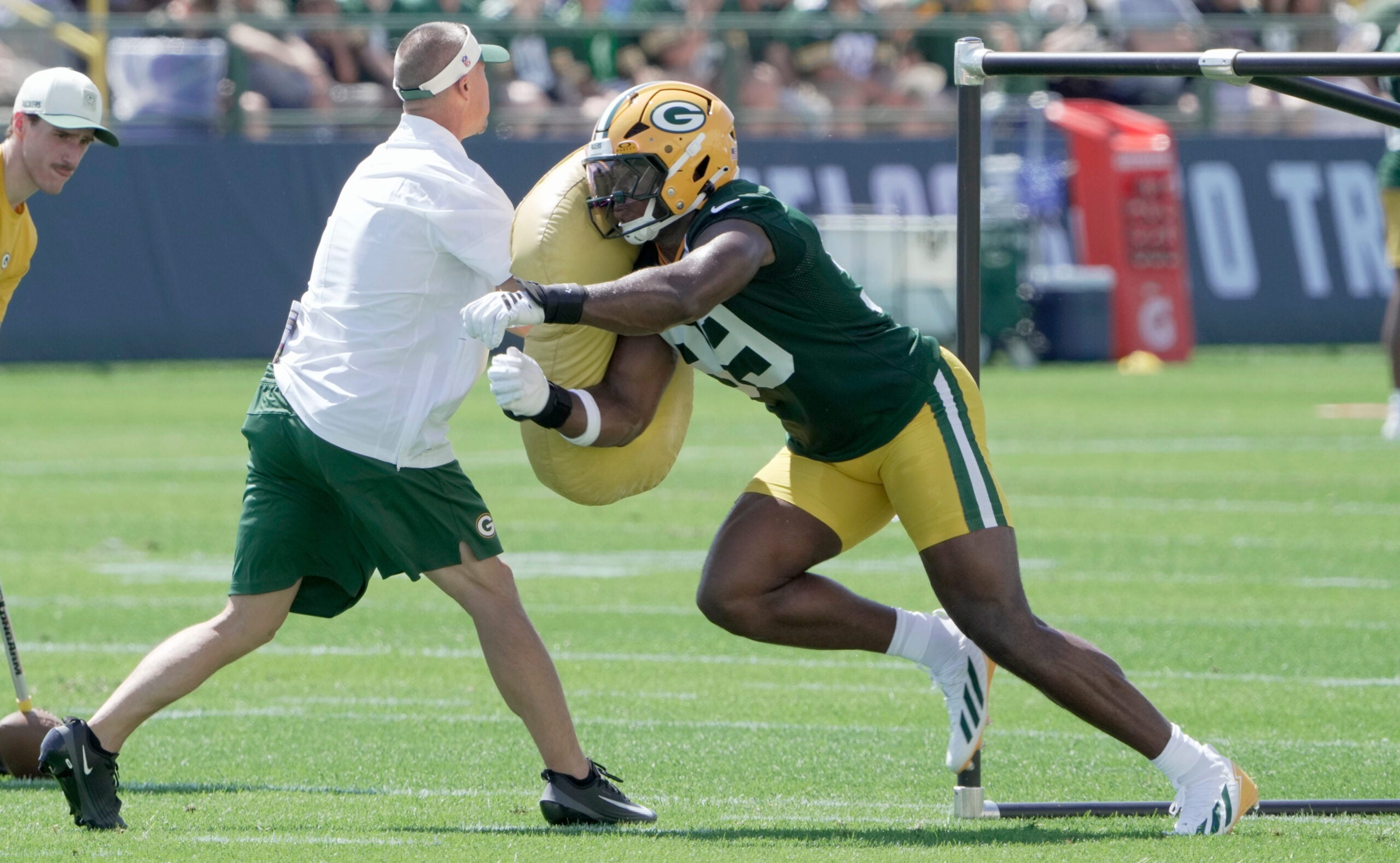 Green Bay Packers defensive end Barryn Sorrell (99) is shown during the first day of training camp Wednesday, July 29, 2026 in Green Bay, Wisconsin. It is the first of three consecutive public practices.