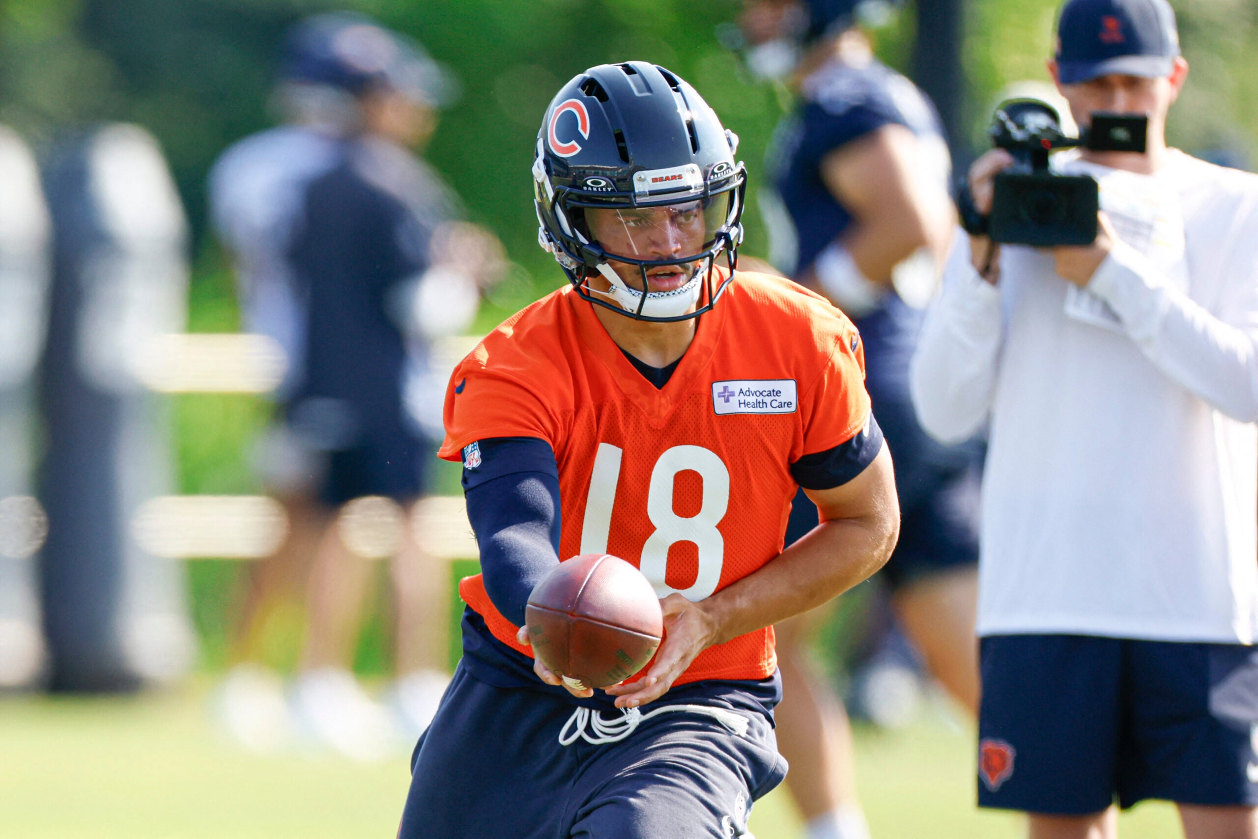 Jul 29, 2026; Lake Forest, IL, USA; Chicago Bears quarterback Caleb Williams (18) looks to pass the ball during Training Camp at Halas Hall.