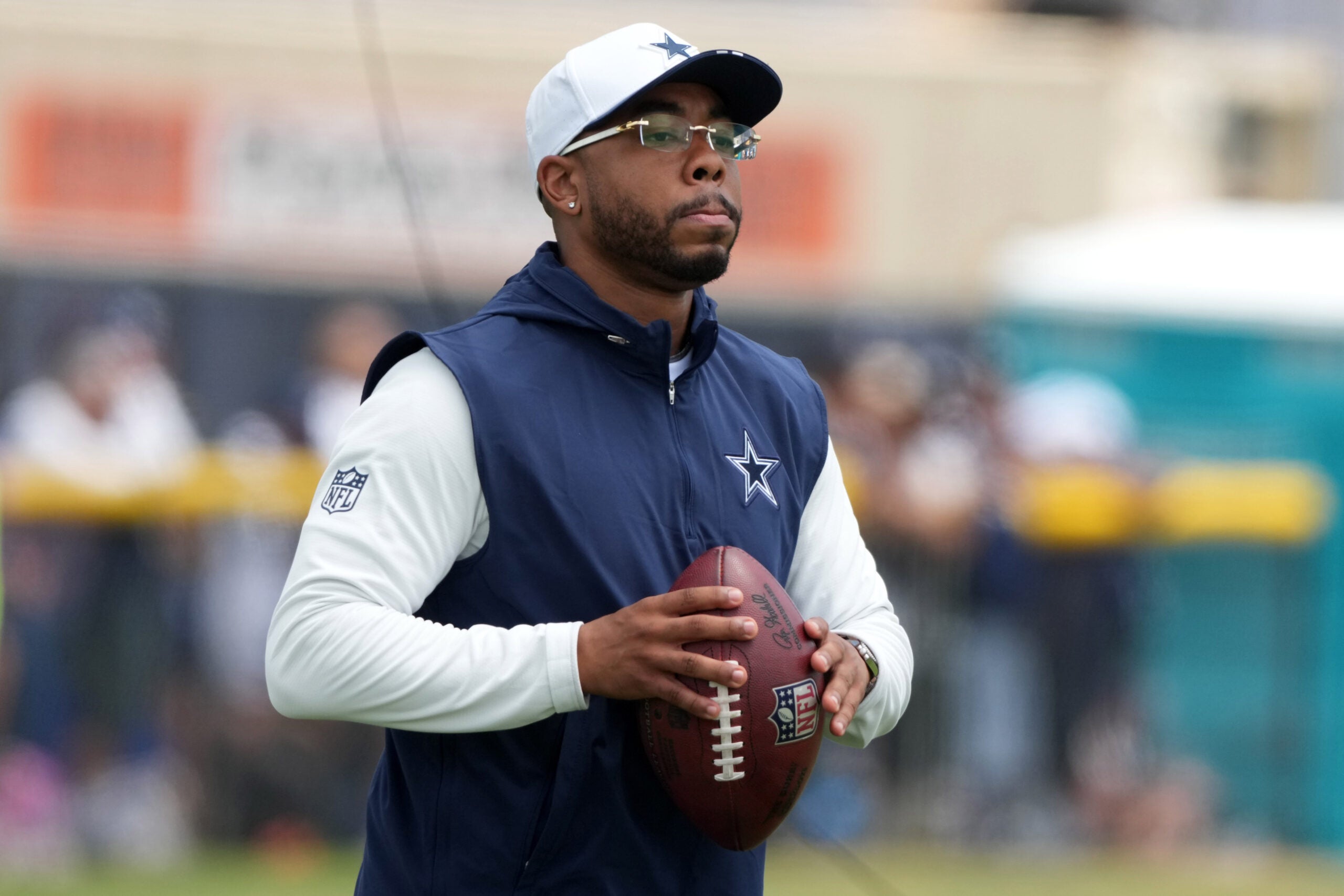 Jul 29, 2026; Oxnard, CA, USA; Dallas Cowboys defensive coordinator Christian Parker at training camp at River Ridge Playing Fields.