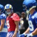 Jul 29, 2026; Los Angeles, CA, USA; Los Angeles Rams quarterback Matthew Stafford (9) communicates with tight end Tyler Higbee (89) during training camp at Loyola Marymount University.