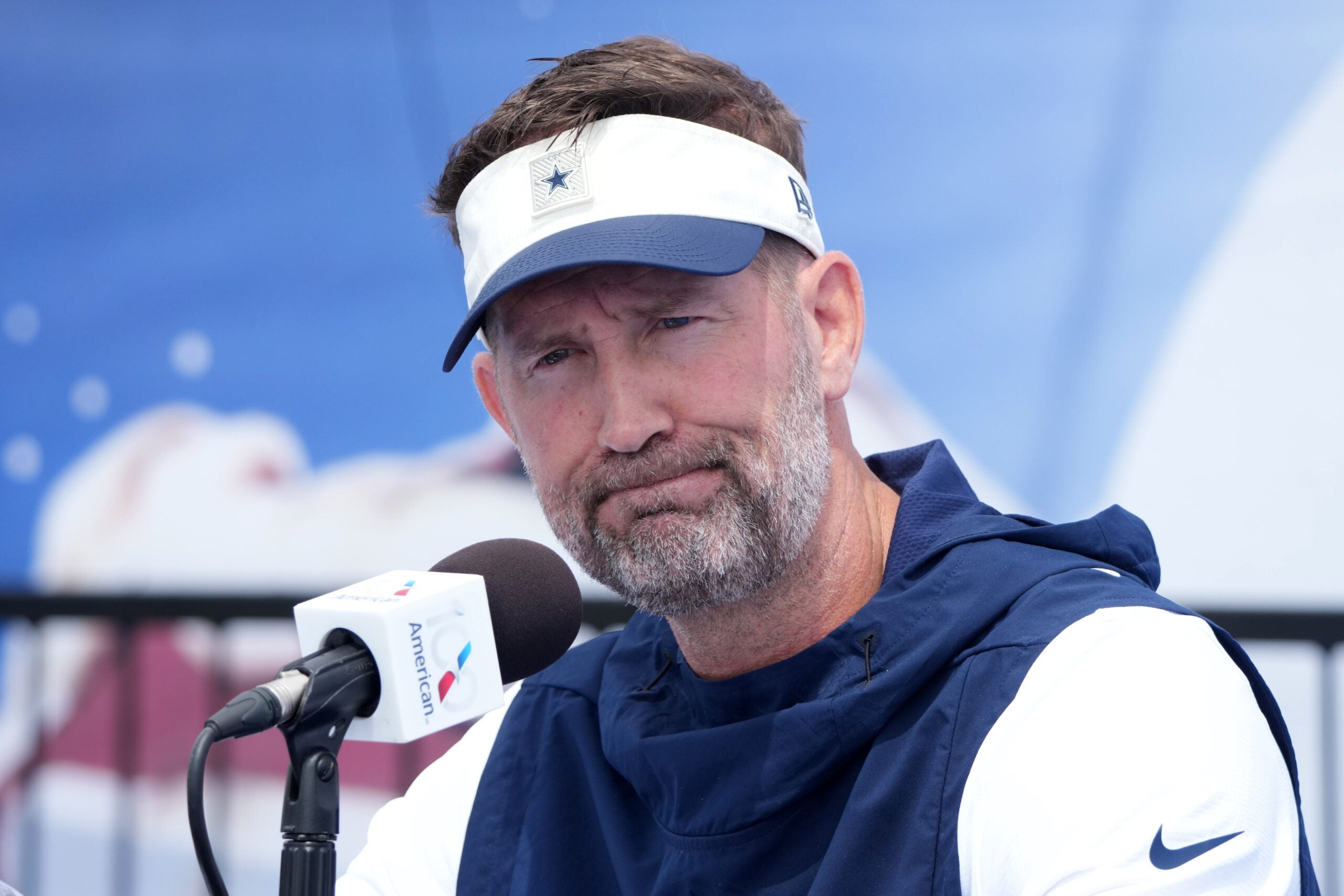 Jul 29, 2026; Oxnard, CA, USA; Dallas Cowboys Cowboys coach Brian Schottenheimer at training camp press conference at River Ridge Playing Fields.