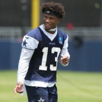 Jul 29, 2026; Oxnard, CA, USA; Dallas Cowboys safety Caleb Downs (13) at training camp at River Ridge Playing Fields.