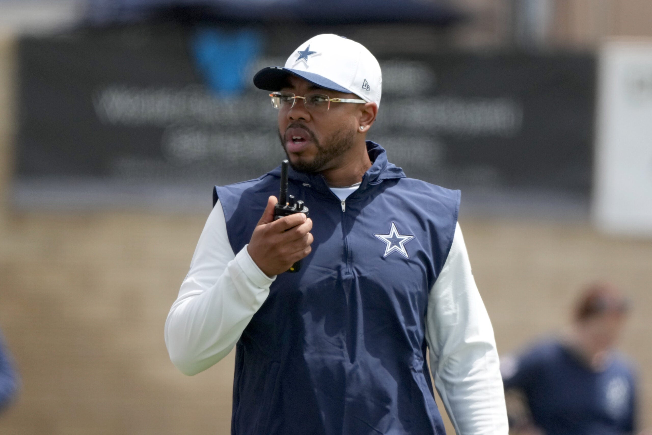 Jul 29, 2026; Oxnard, CA, USA; Dallas Cowboys defensive coordinator Christian Parker at training camp at River Ridge Playing Fields.