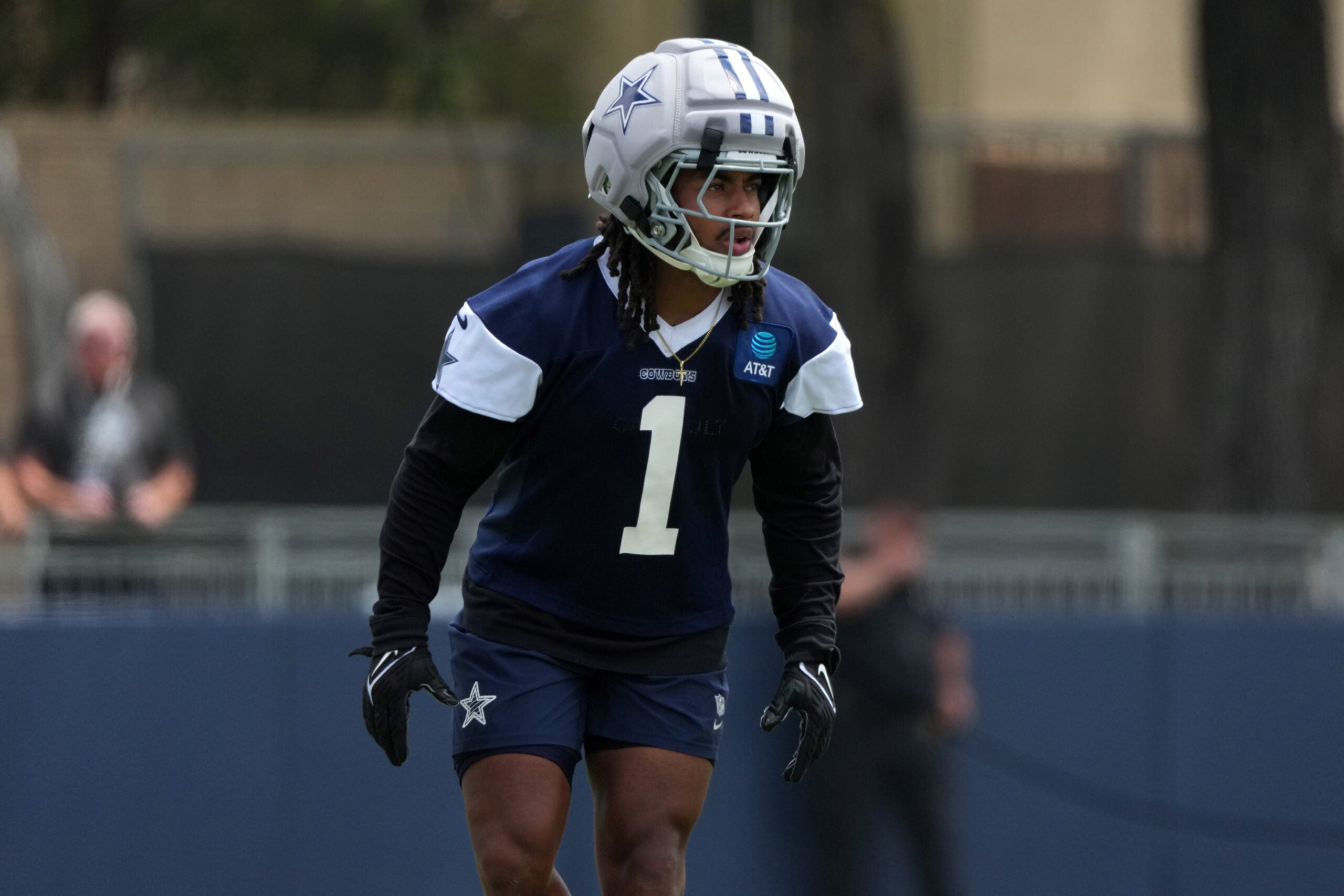 Jul 29, 2026; Oxnard, CA, USA; Dallas Cowboys safety P.J. Locke (1) at training camp at River Ridge Playing Fields.