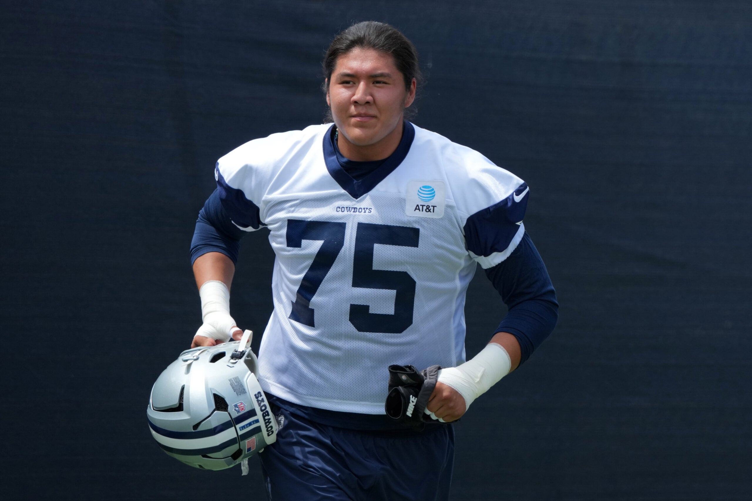 Jul 29, 2026; Oxnard, CA, USA; Dallas Cowboys tackle Shiyazh Pete (75) at training camp at River Ridge Playing Fields.