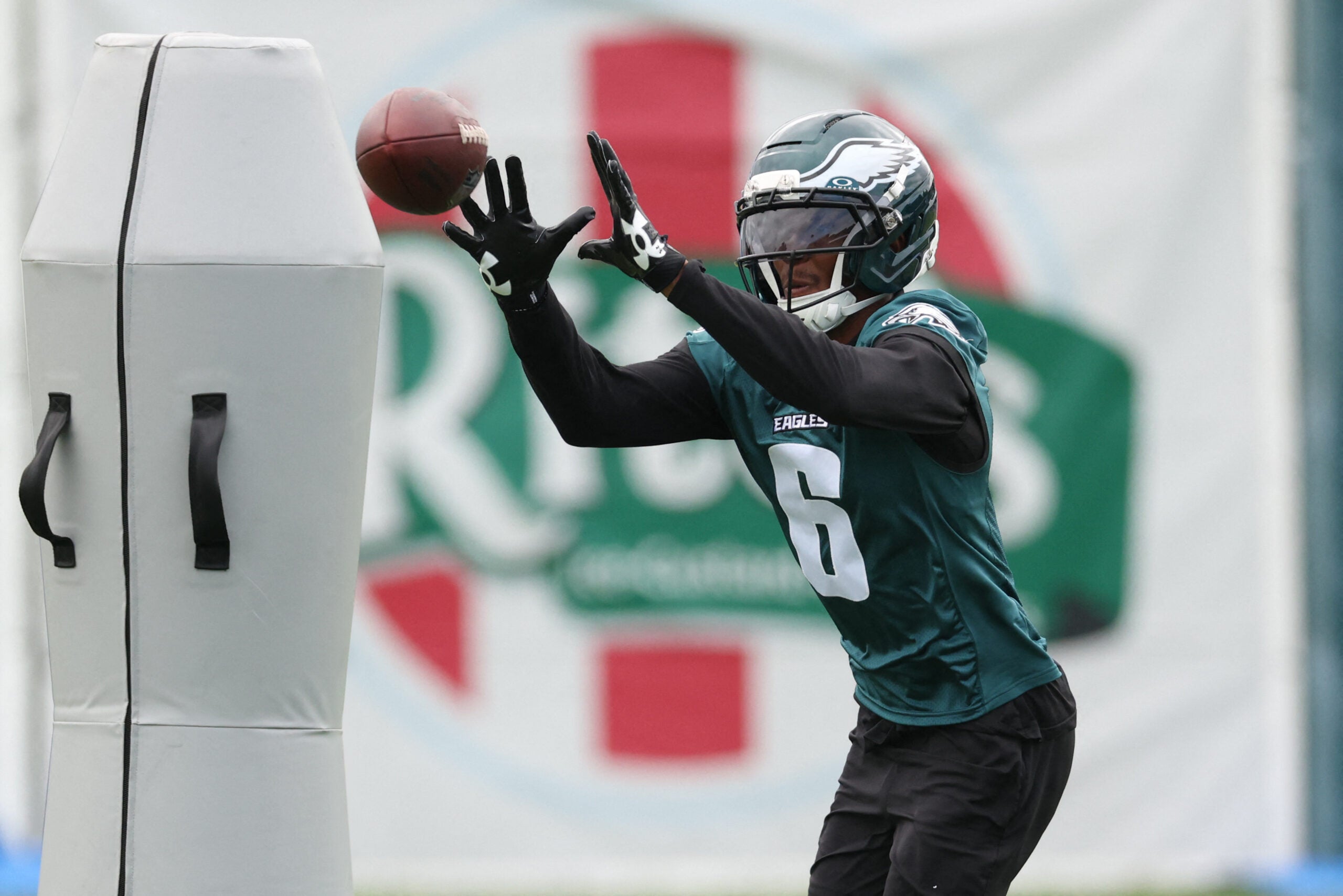 Jul 30, 2026; Philadelphia, PA, USA; Philadelphia Eagles wide receiver DeVonta Smith (6) catches a pass during training camp at Jefferson Health Training Complex.